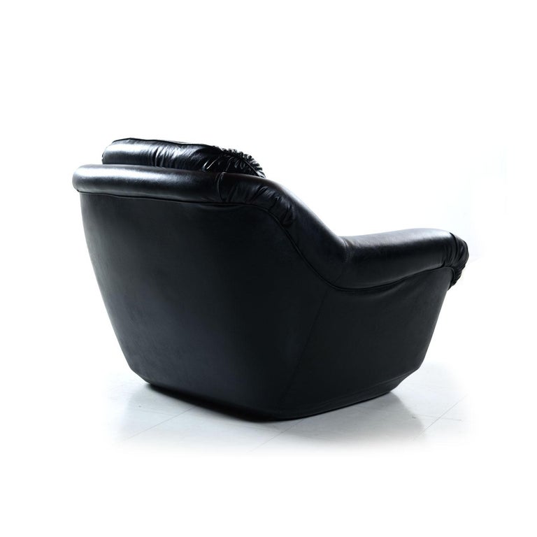 Brazilian Style Tufted Black Vinyl Vintage Sofa and Armchair Set at