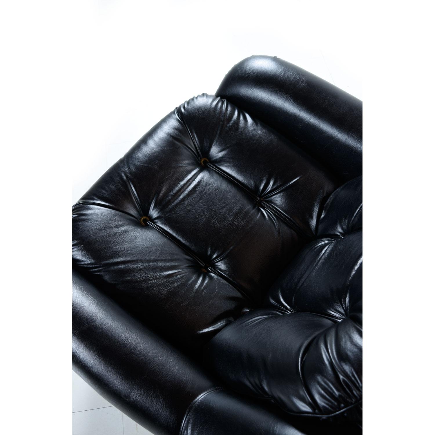 Faux Leather Brazilian Style Tufted Black Vinyl Vintage Sofa and Armchair Set
