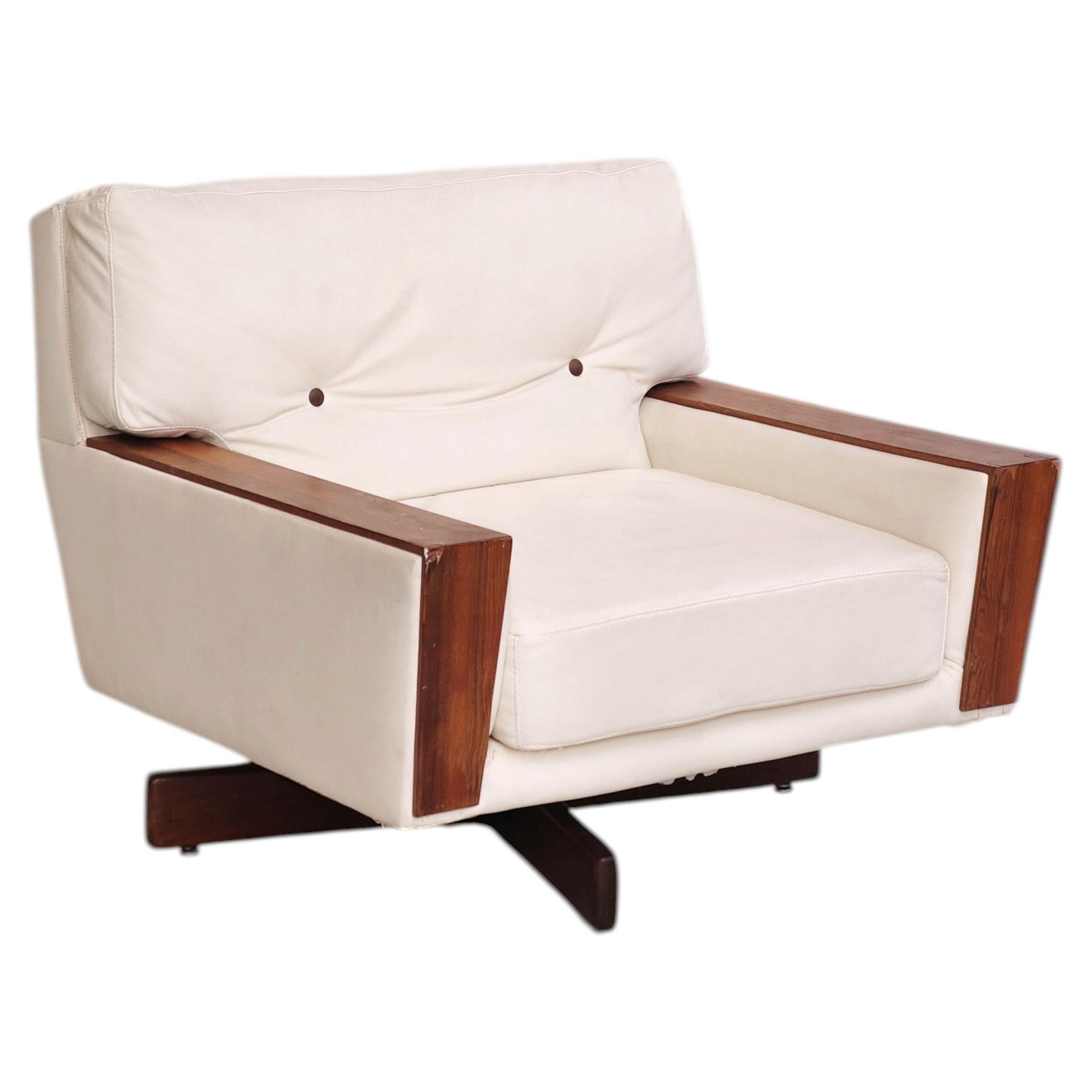 Brazilian Swivel Leather Armchair with Jacaranda Arms, 1970s For Sale
