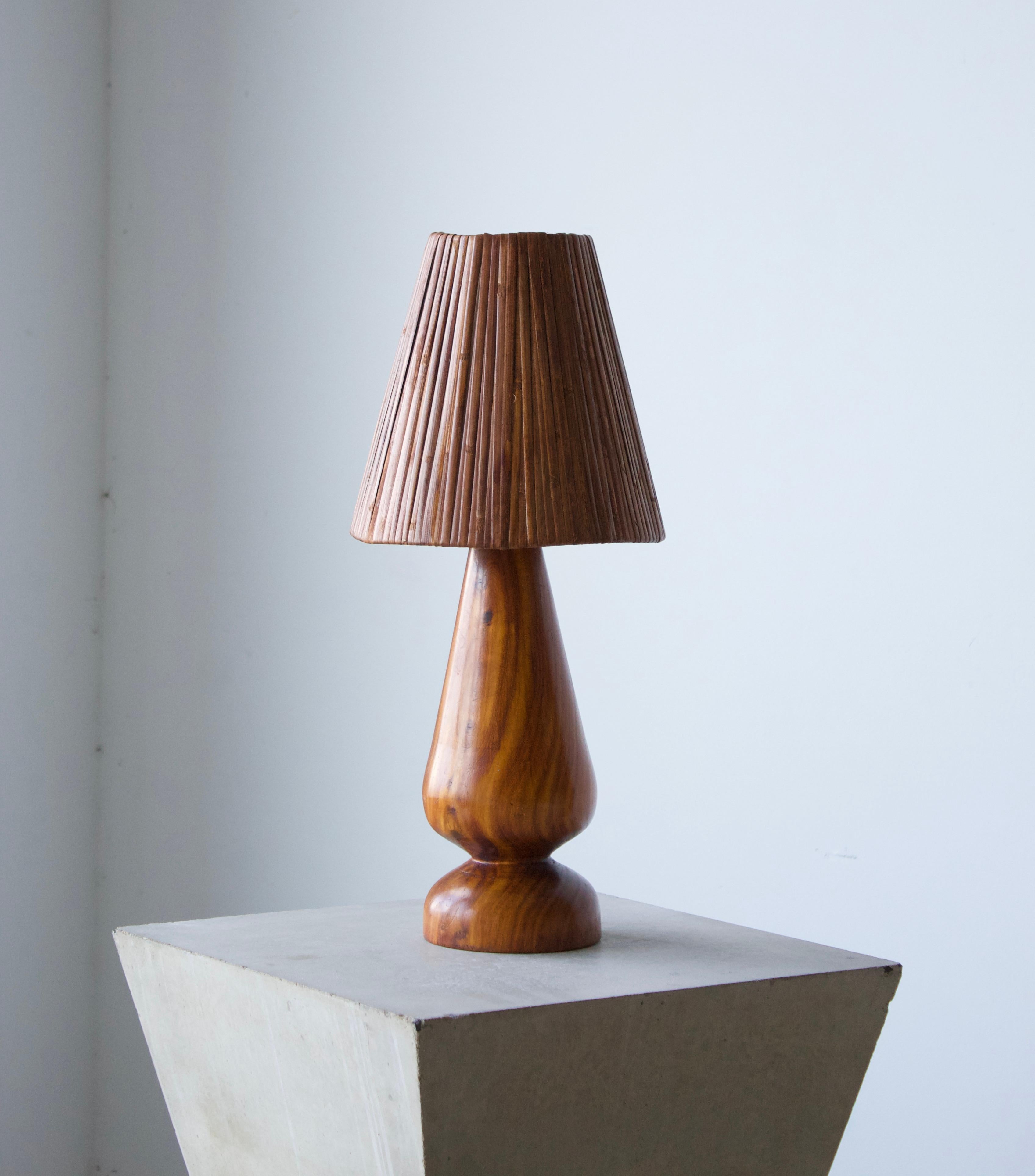 A sculptural handmade table lamp. Designed and produced in Brazil, c. 1960s. Features solid turned hardwood with beautiful dramatic grain. The base is paired with a vintage rattan lampshade. Each with superb original patina. 

Other designers of