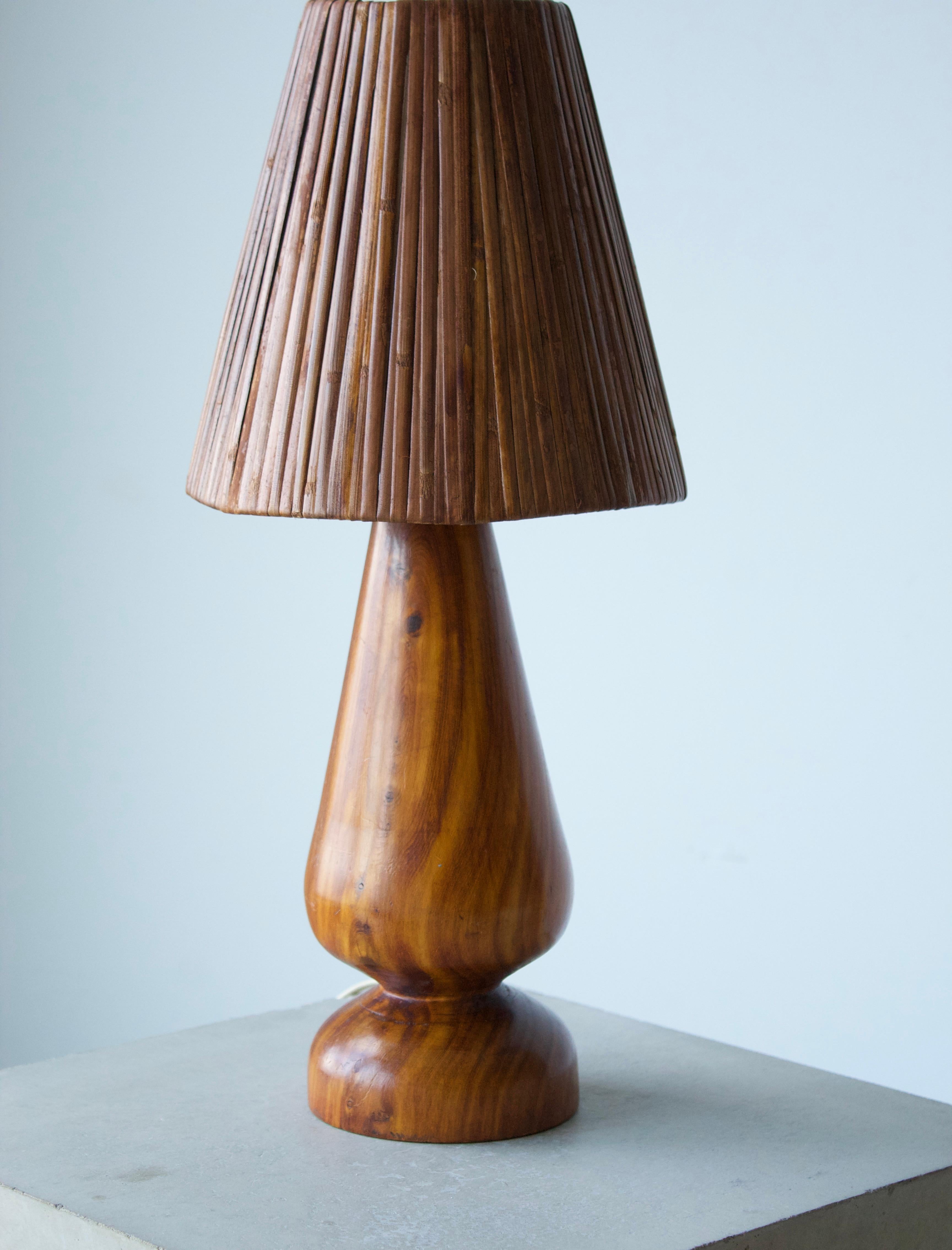 Mid-Century Modern Brazilian, Table Lamp, Turned Hardwood, Rattan, Brazil, 1960s