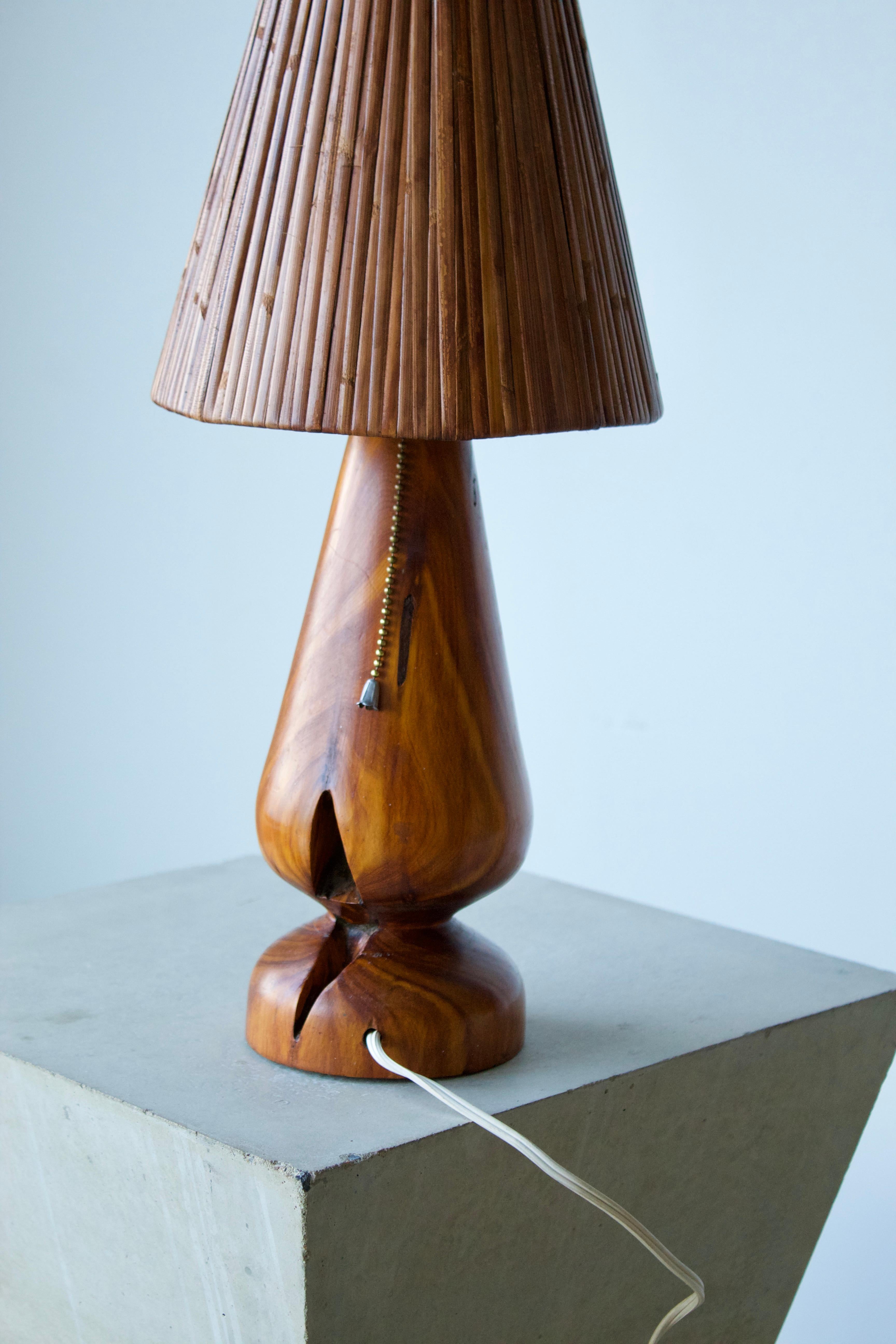 Brazilian, Table Lamp, Turned Hardwood, Rattan, Brazil, 1960s In Good Condition In High Point, NC