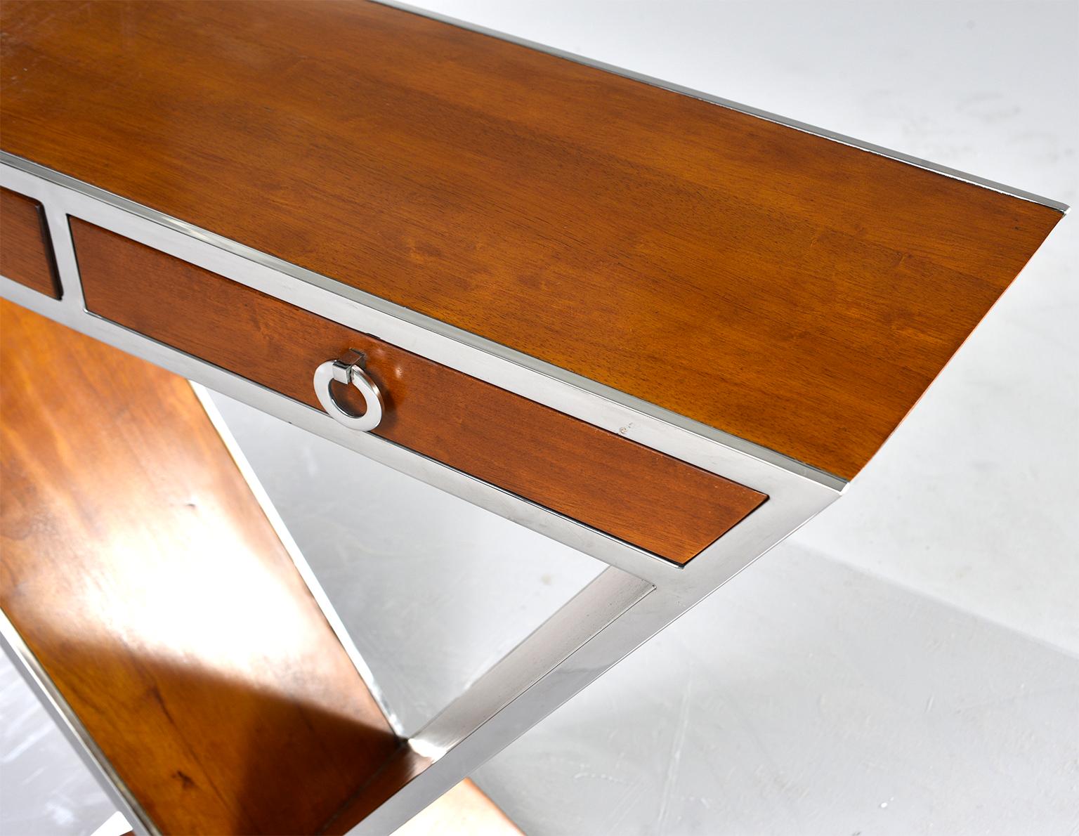 20th Century Midcentury Teak and Chrome Console with Triangular Base