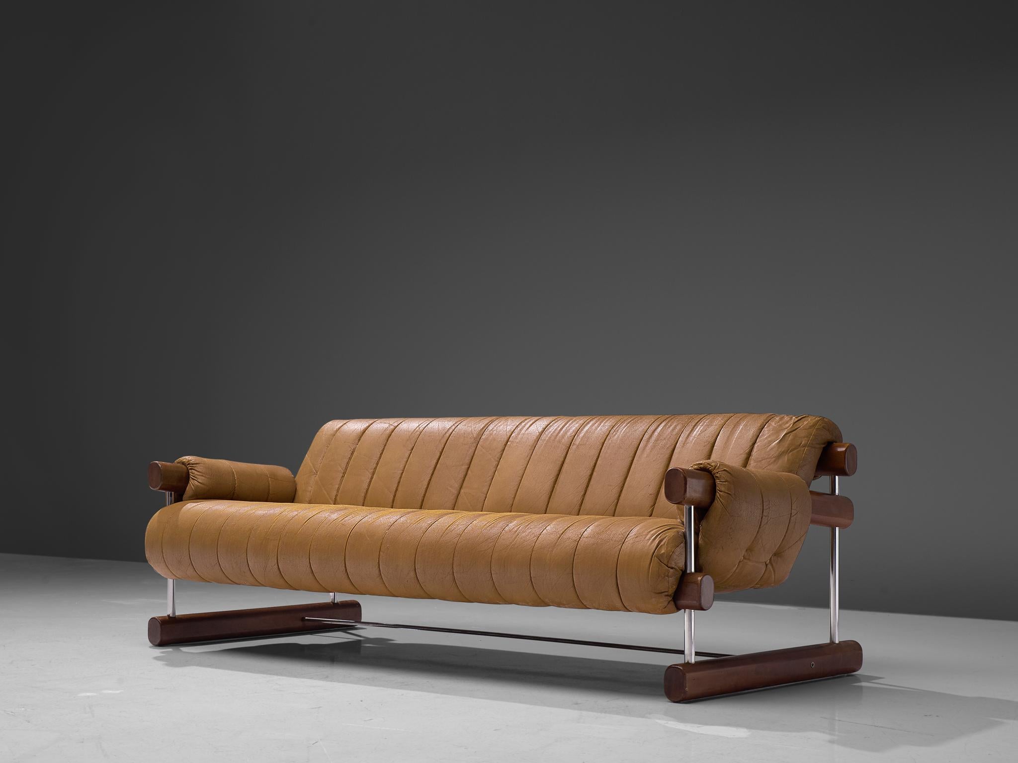 Sofa, Brazilian wood, steel and fabric, Brazil, 1970s

This sofa breaths the characteristics of Brazilian modern furniture design. Made of traditional materials such us solid Brazilian wood. The bulky wooden slats forms a striking combination with