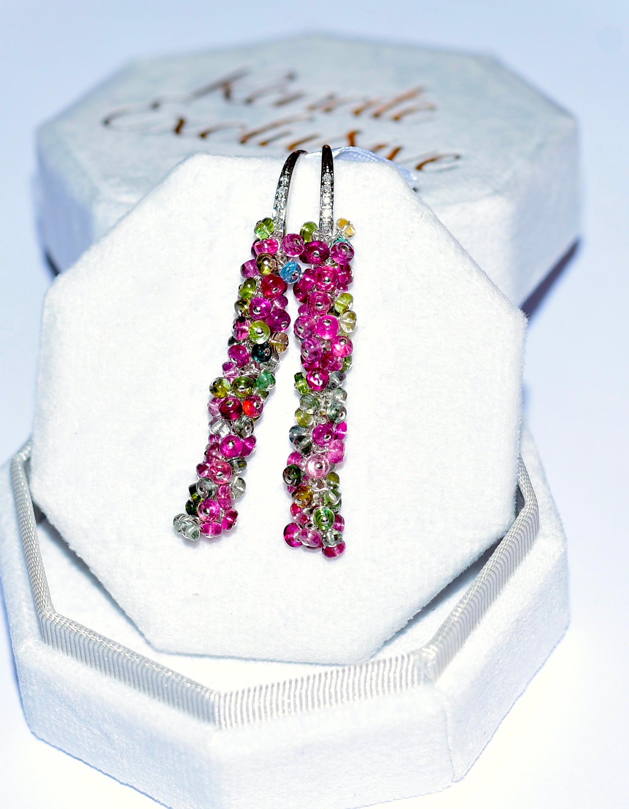 Brazilian Tourmaline Earrings in 14K Solid White Gold, Diamonds In New Condition In Astoria, NY