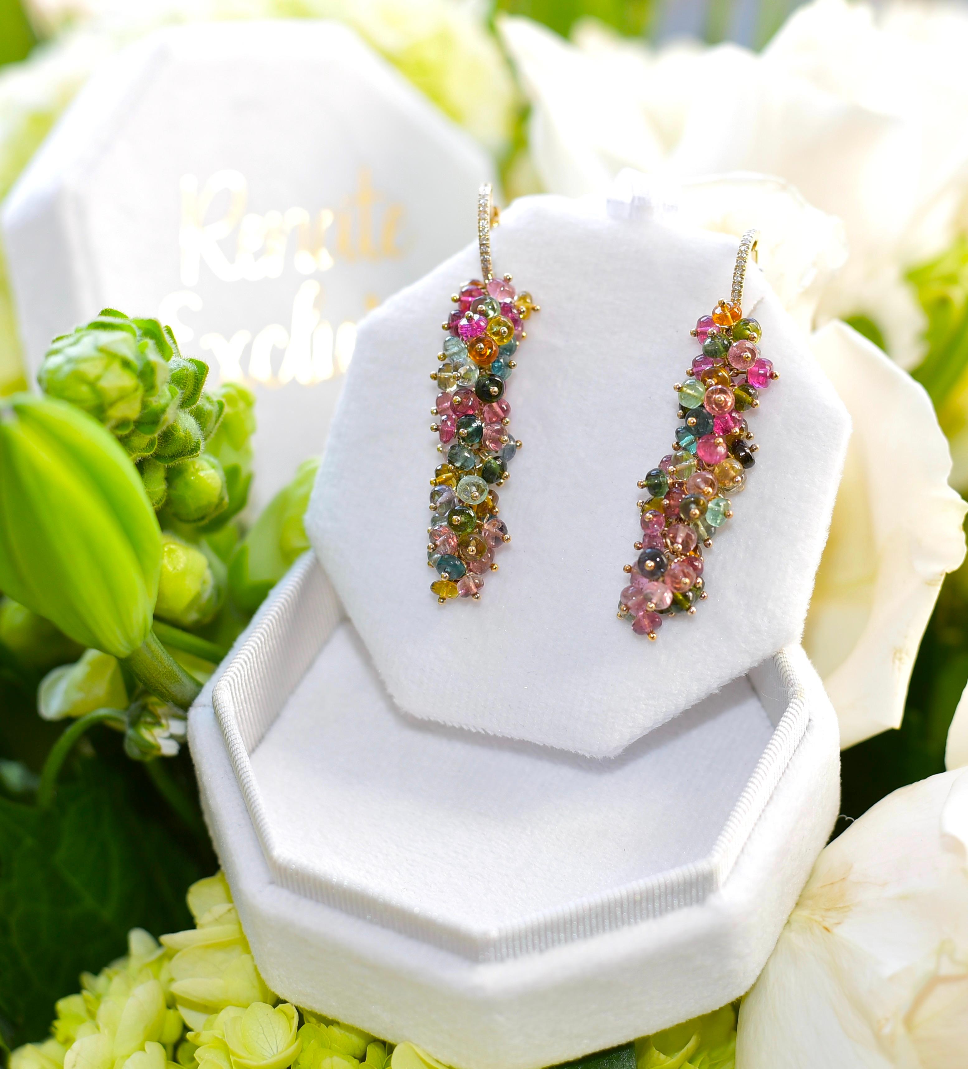A pair of unique multi-color faceted Brazilian tourmaline beads with elegant 14k Solid Yellow Gold and Diamond.
Another beautiful long tourmaline earrings from Renate Exclusive! 
High-end fashion jewelry with bright colors!

For your information: