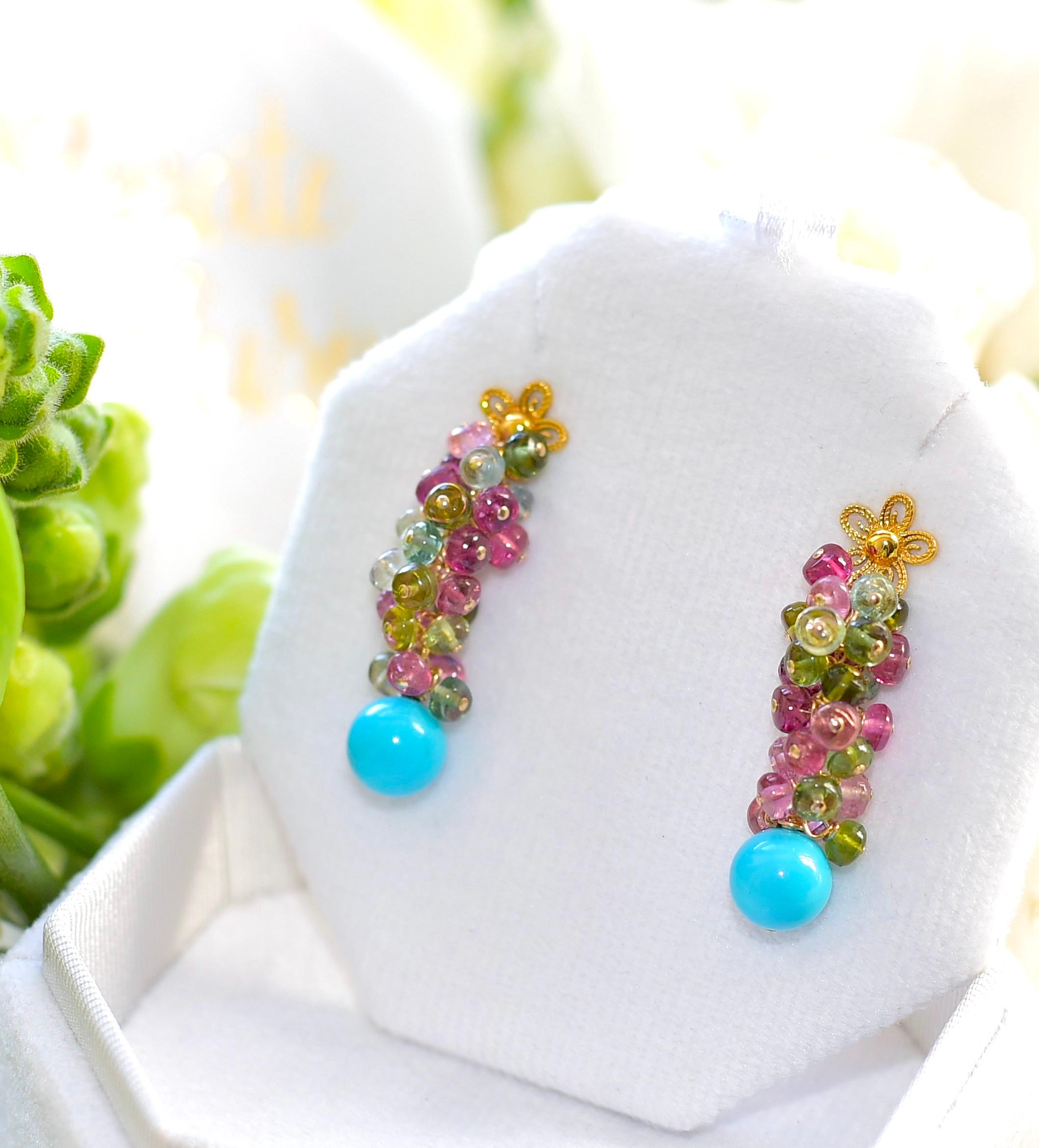 These earrings are a stunning mix of summer garden colors - these sinewy earrings are so gorgeous and fun to wear! A mix of Sleeping Beauty Turquoise and colorful Brazilian tourmalines reminds me of a perfect getaway to the Caribbean or... your own