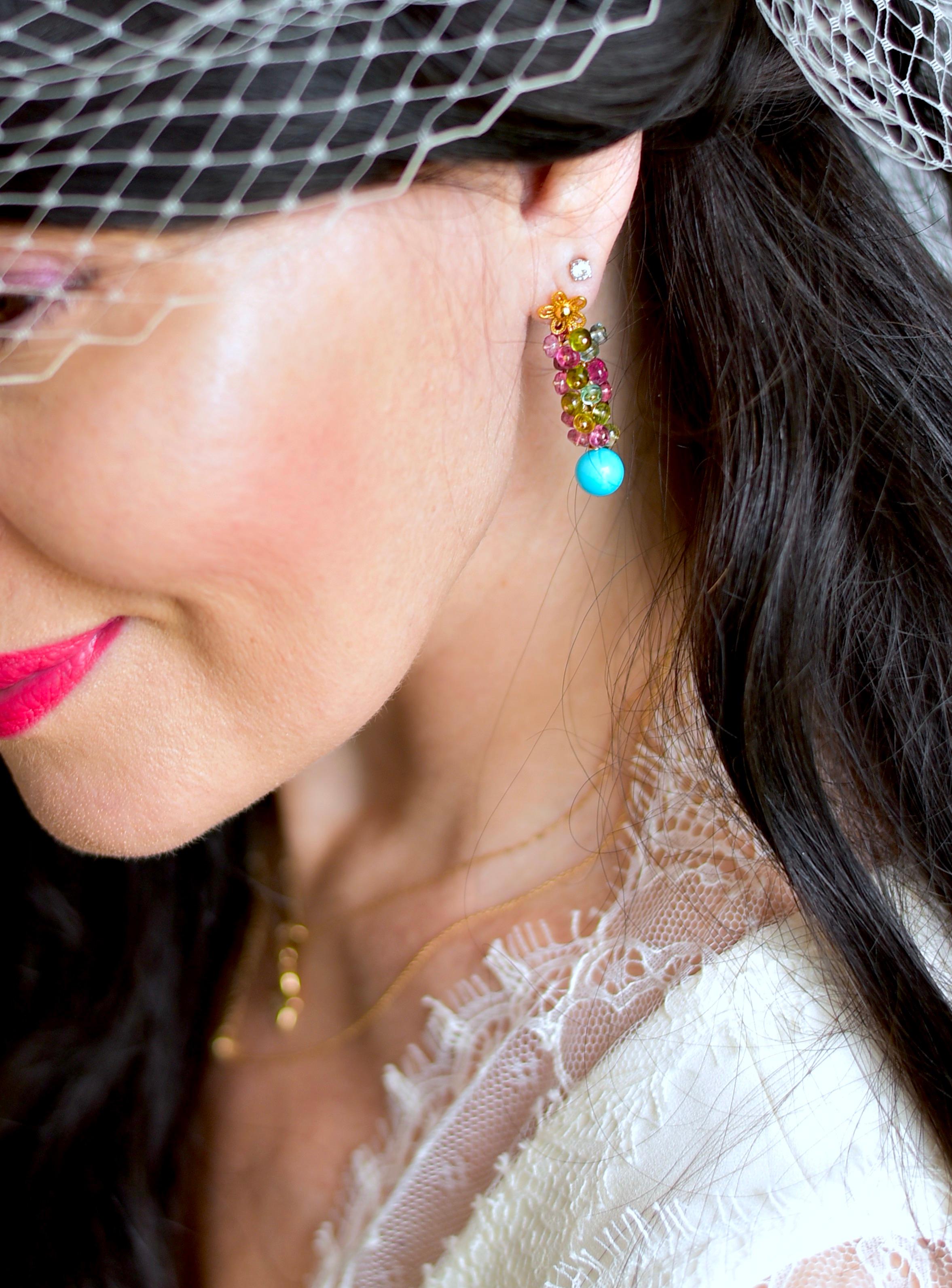 Artisan Brazilian Tourmaline, Sleeping Beauty Turquoise Earrings in 18K Solid Gold