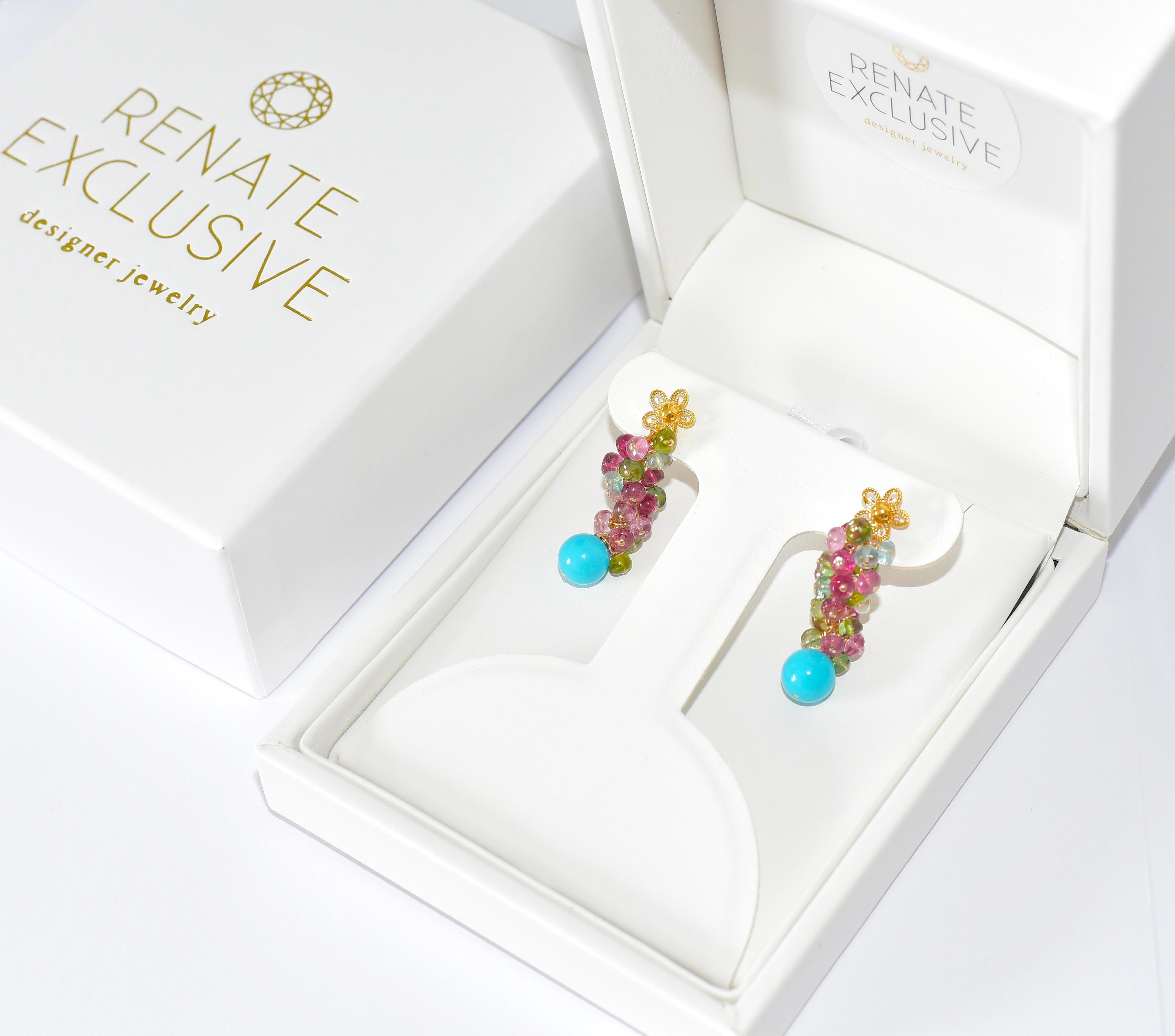 Brazilian Tourmaline, Sleeping Beauty Turquoise Earrings in 18K Solid Gold 3