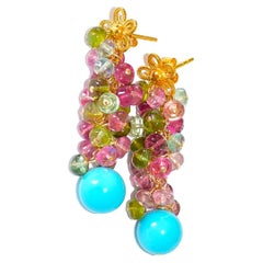 Brazilian Tourmaline, Sleeping Beauty Turquoise Earrings in 18K Solid Gold