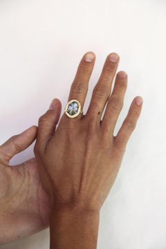 Brazilian Trapiche Emerald Sculptural Ring with Diamond Pave in 18k Matte Gold