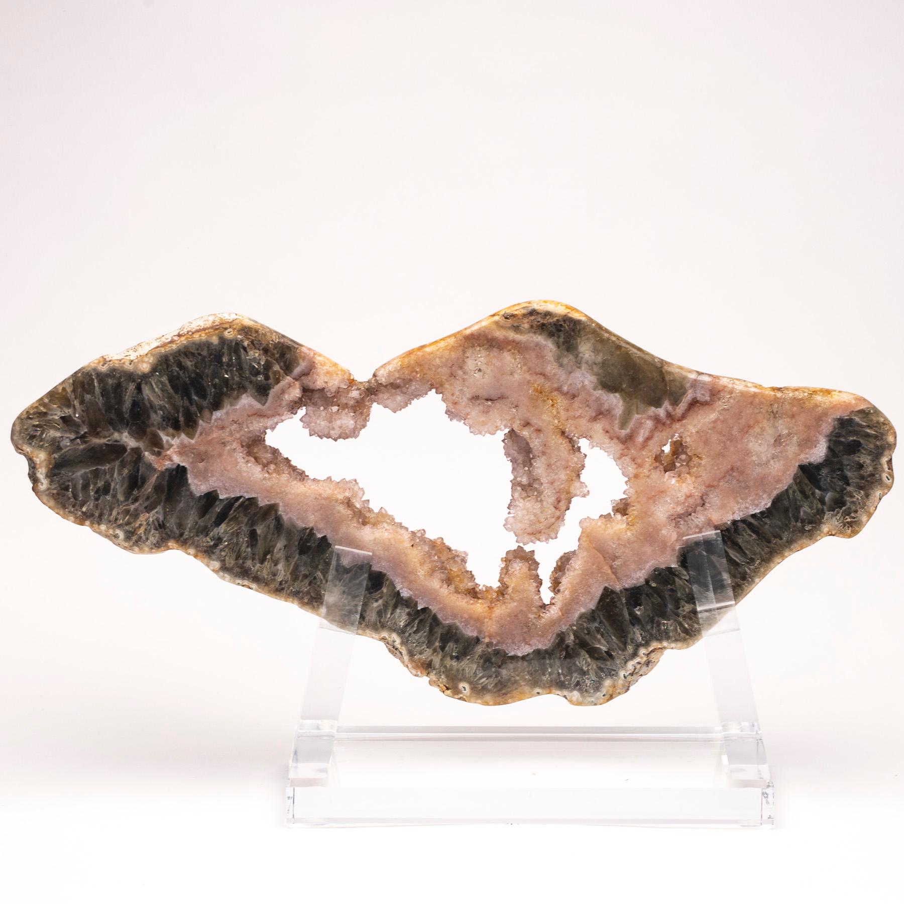 Organic Modern Brazilian Two Colors Agate Slab with Crystallizations on a Custom Acrylic Stand