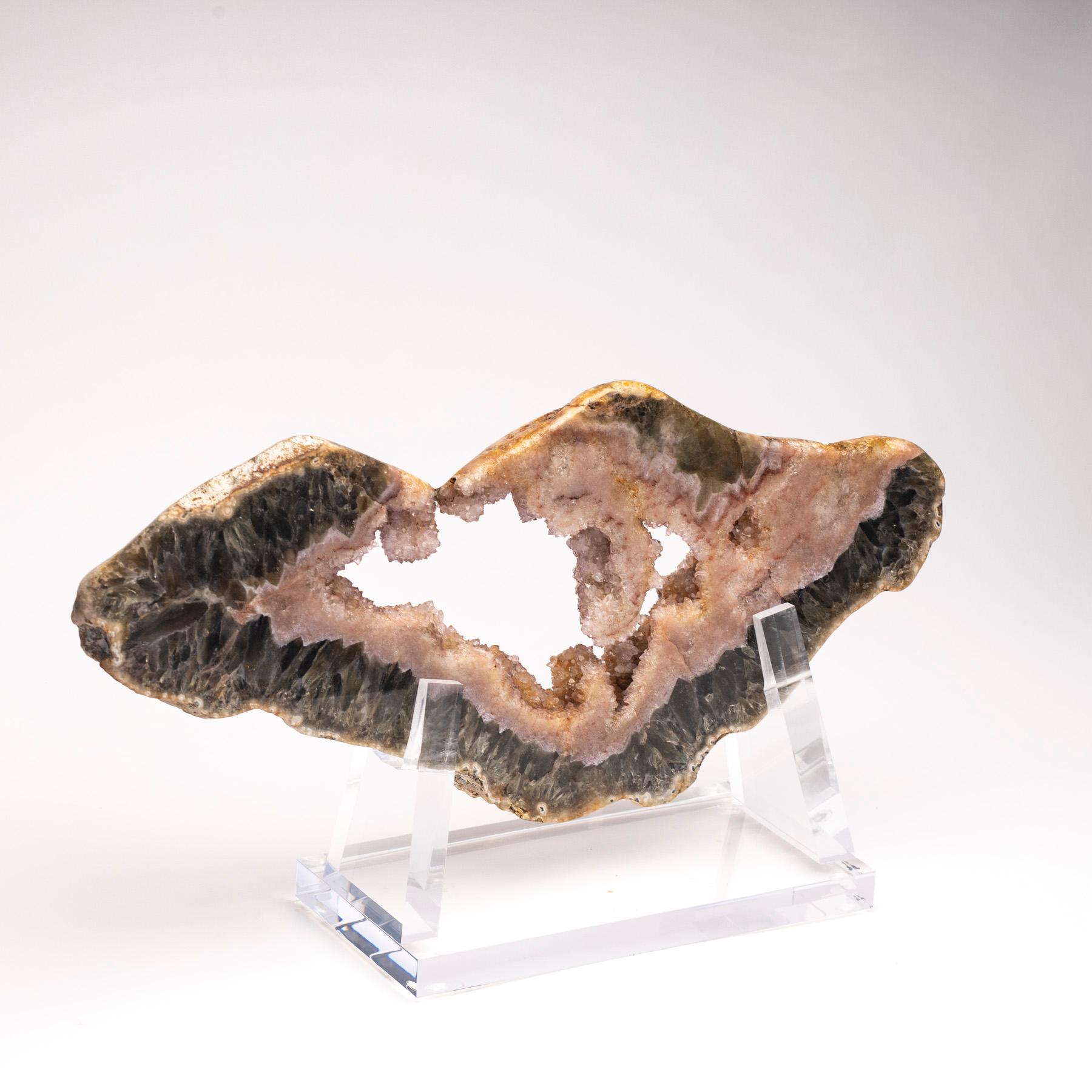 Mexican Brazilian Two Colors Agate Slab with Crystallizations on a Custom Acrylic Stand