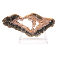 Brazilian Two Colors Agate Slab with Crystallizations on a Custom Acrylic Stand