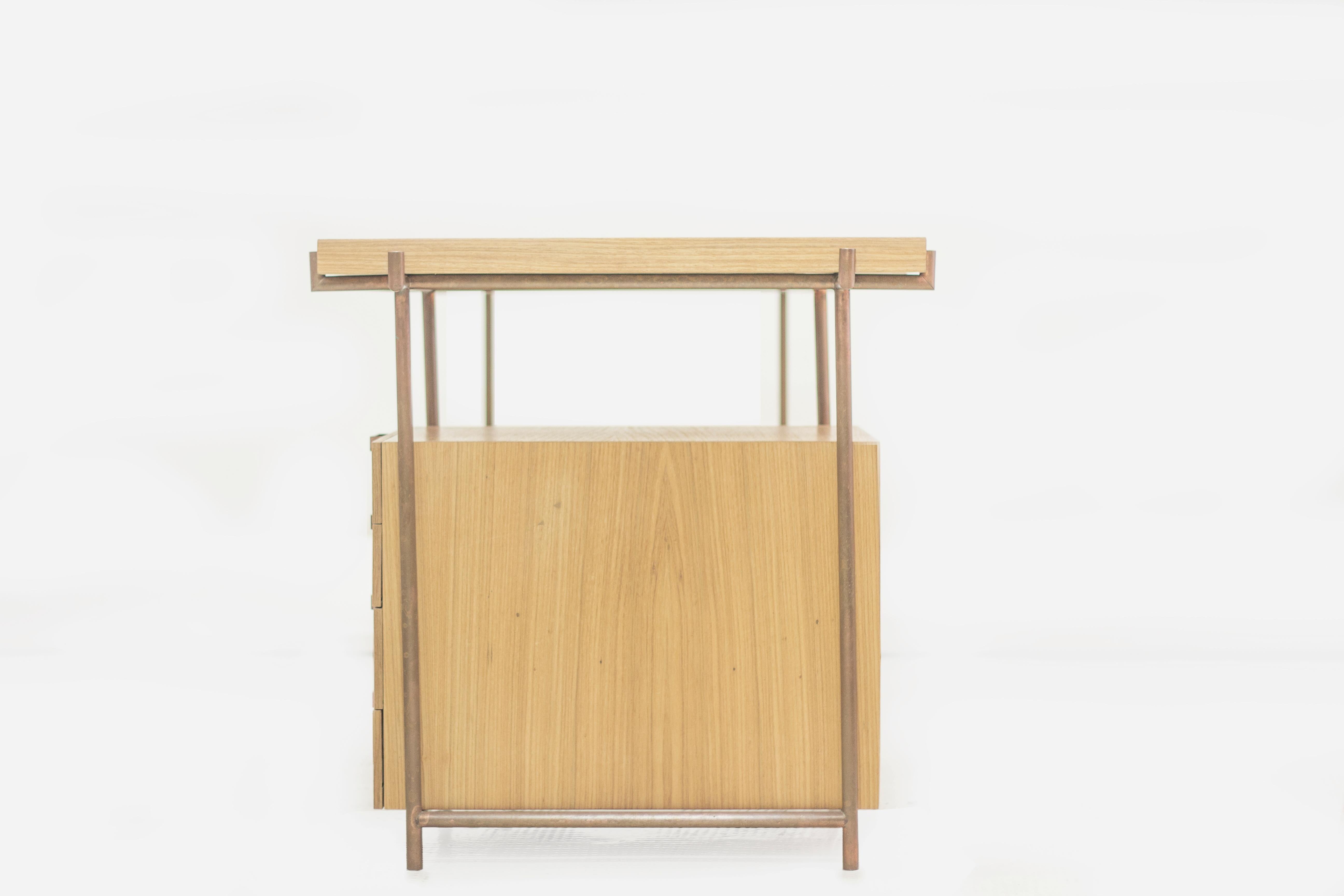 Contemporary Brazilian Wood and Copper Desk with Drawers, Mid Century Brazilian Modern  For Sale