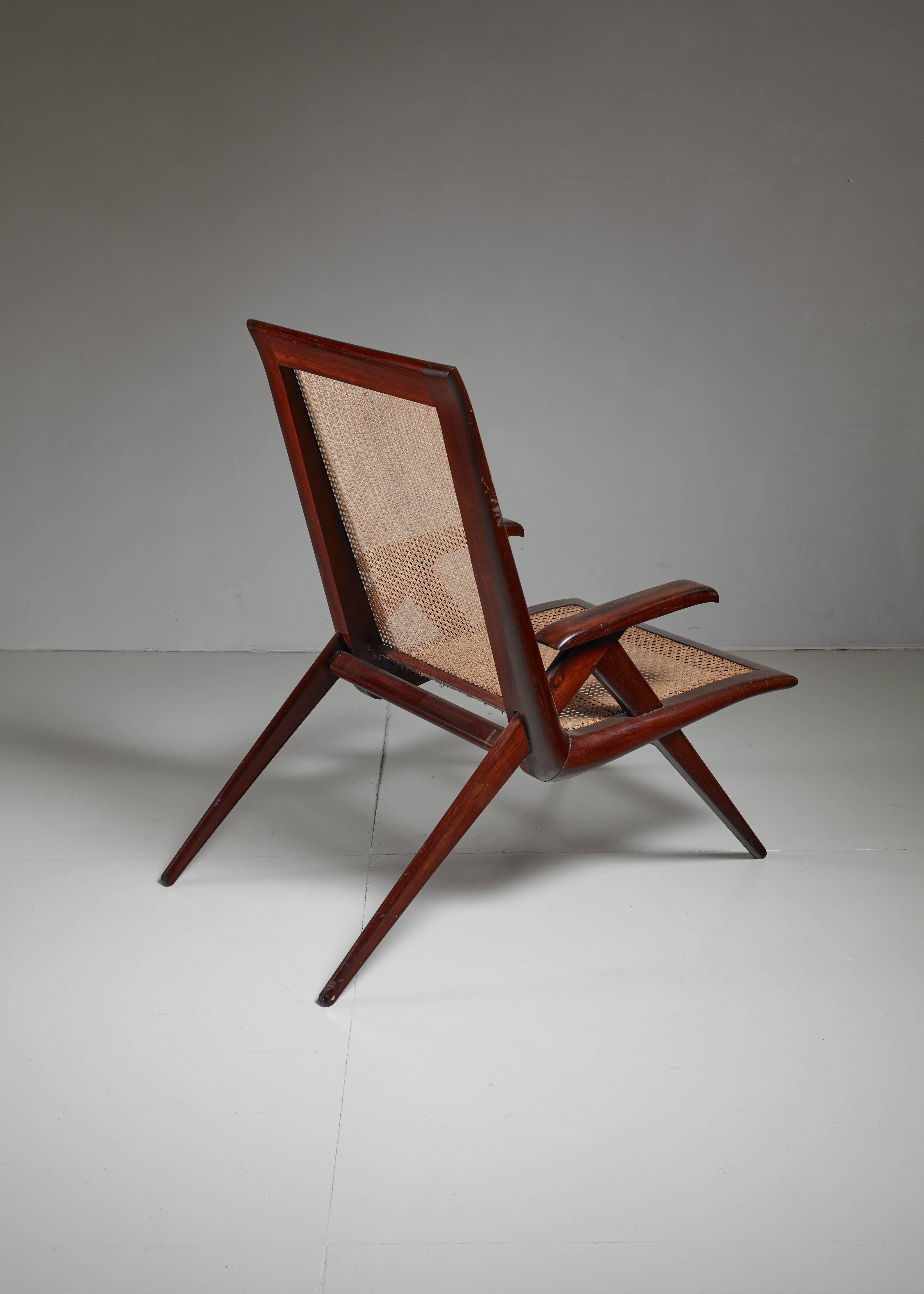 Mid-20th Century Brazilian Wooden Armchair with Woven Cane Seating, 1950s For Sale