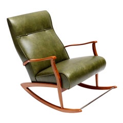 Brazilian Wooden Rocking Chair in Green Leather, 1960s