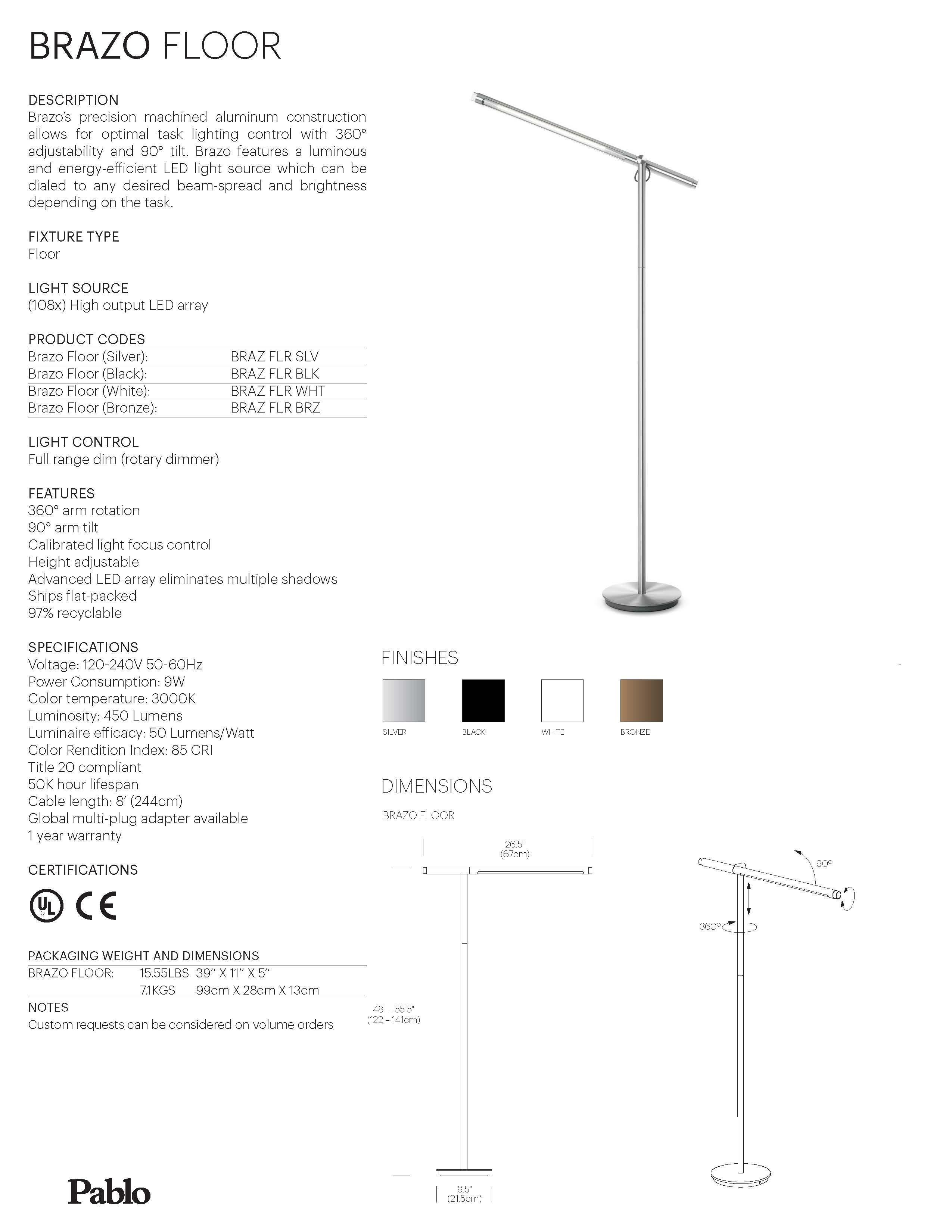 Modern Brazo Floor Lamp in White by Pablo Designs For Sale