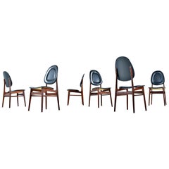 Brødrene Sørheim Norwegian Walnut Dining Chairs Set of Six Original Black Vinyl