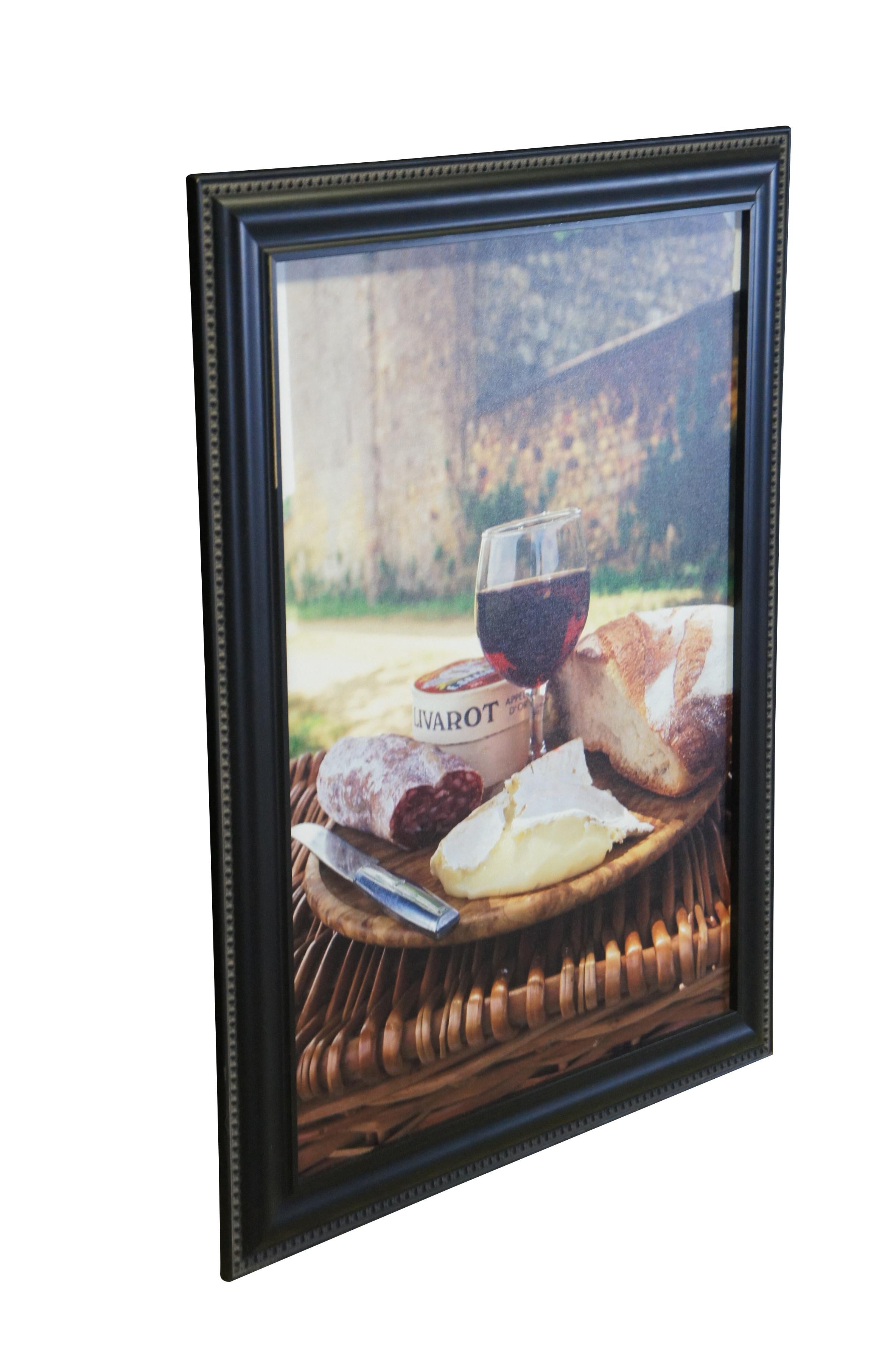 An art print of Dordogne France by Michael Busselle showing bread, glass of red wine, cheese and sausage.

Dimensions:
27