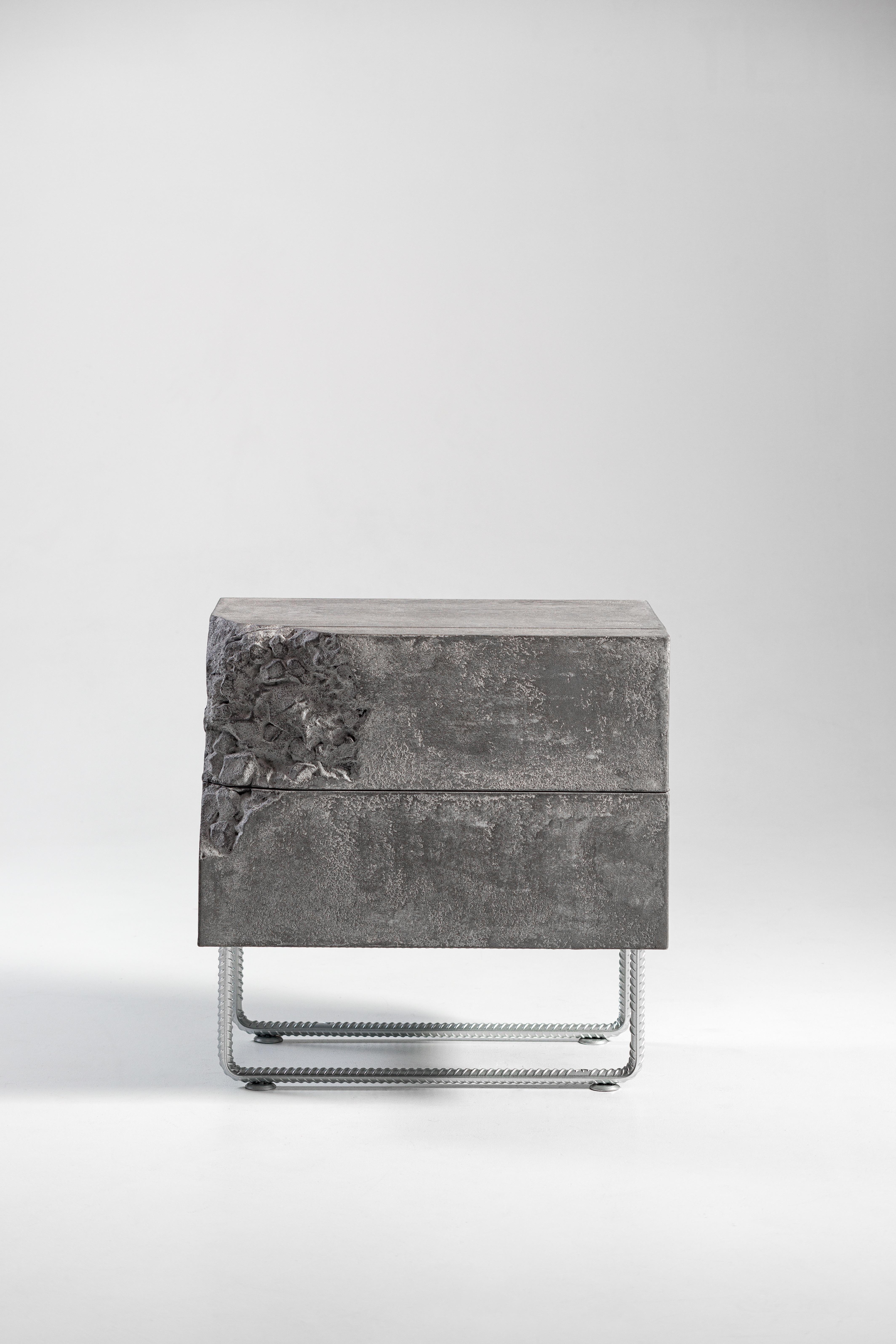 Break Free Bedside Table by PANOPTIKUM COLLECTIONS
Dimensions: D 40 x W 60 x H 60 cm.
Materials: Solid wood, plywood, veneer, velvet, and soft-touch painting.

The bedroom set can be completed with the bedside table. Facades of the bedside table are