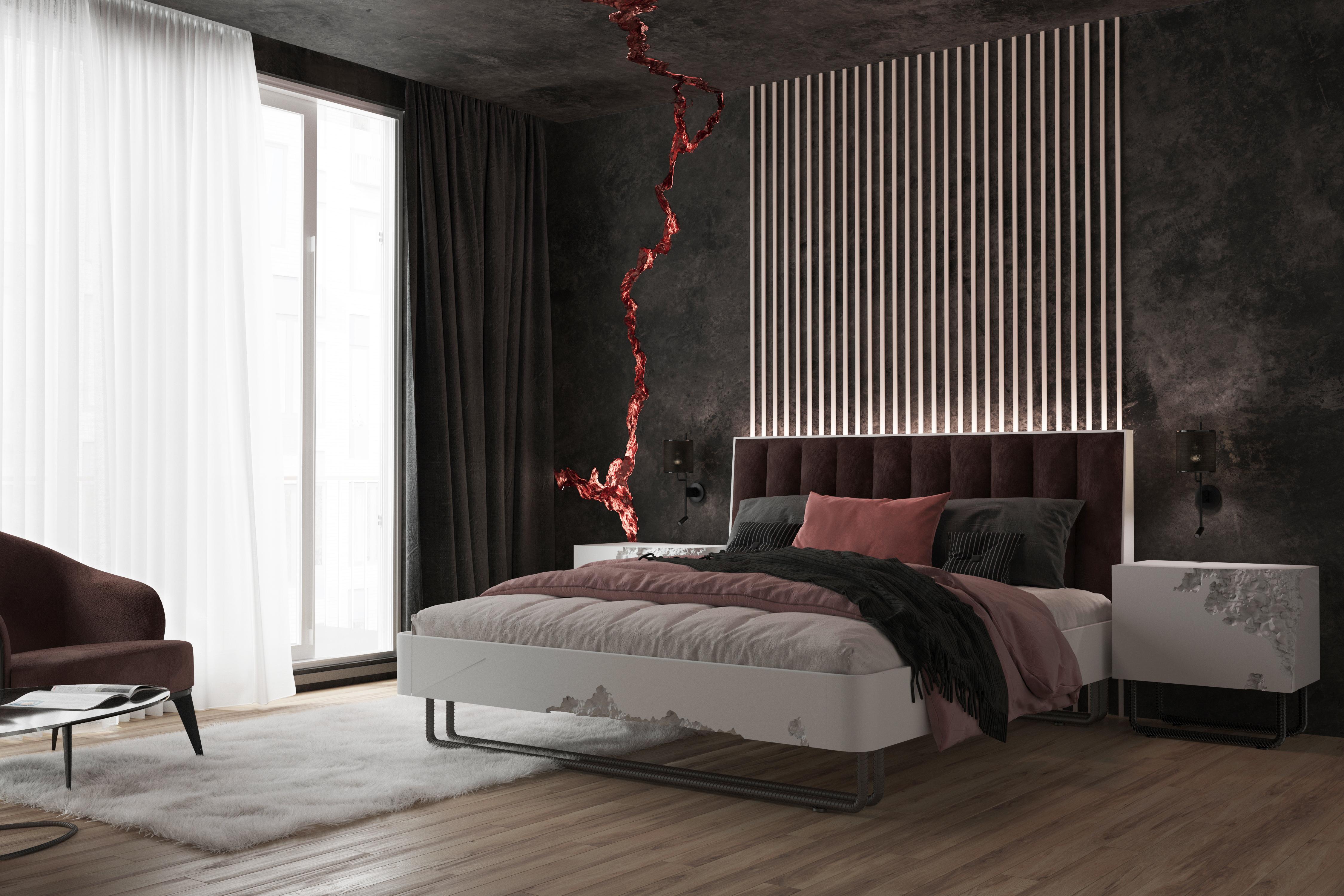 Break Free Double Bed by PANOPTIKUM COLLECTIONS
Dimensions: D 220 x W 190 x H 110 cm.
Materials: Solid wood, plywood, JAB fabric, foam, and paint.

A continuous aesthetic transformation of a recreation area. The bed seems to hover on the airy but