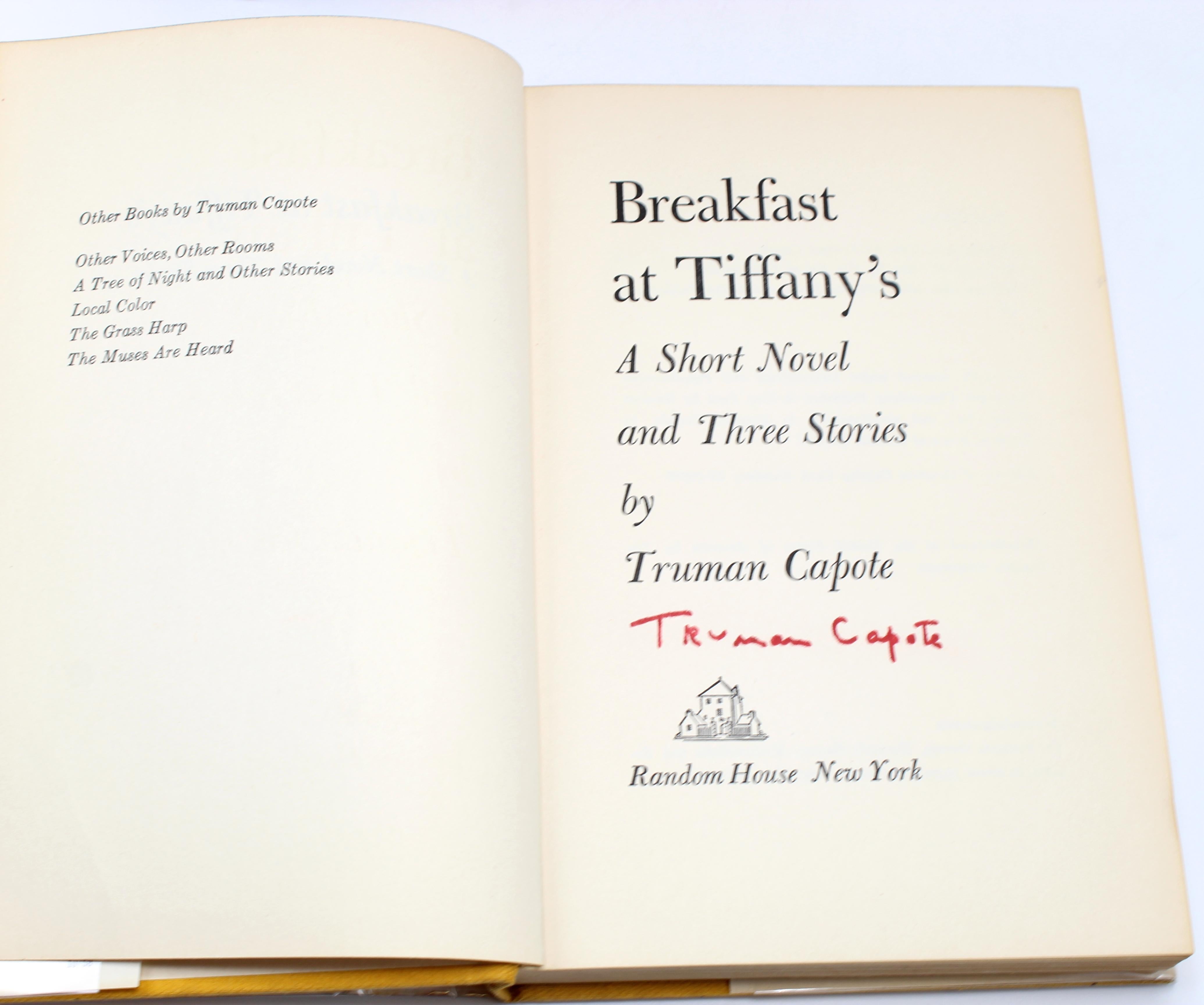 Capote, Truman. Breakfast at Tiffany's: A short novel and three stories. New York: Random House, 1958. Third edition. Signed by Capote on the title page. In the original publisher’s orange dust jacket and yellow cloth binding with partial black