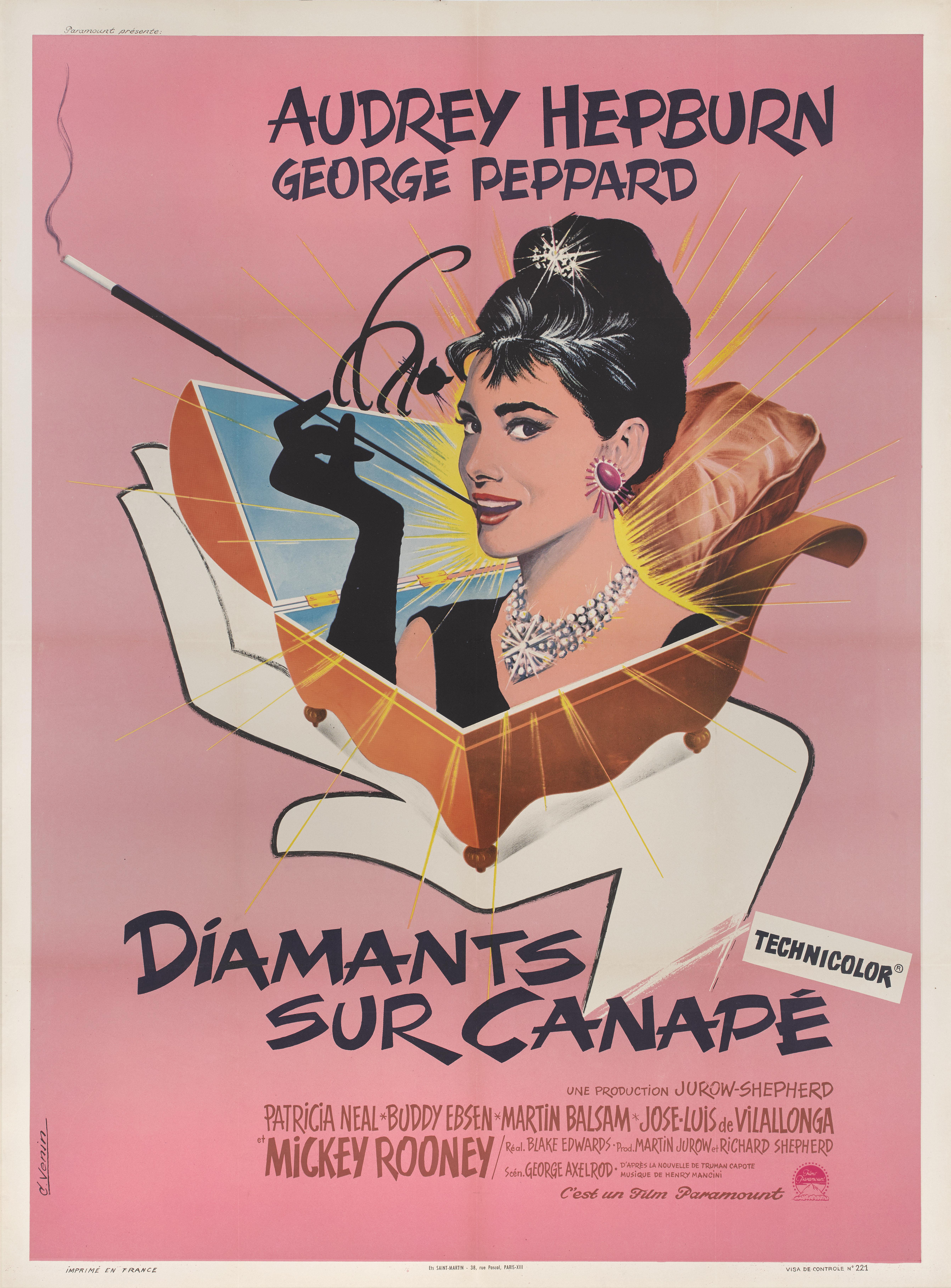 Original French film poster for Audrey Hepburn, George Peppard's Classic 
1961 Comedy Romance. Directed by Blake Edwards, Tiffany's remains the number one best Audrey Hepburn title and posters on the film are all highly sort after. The beautiful