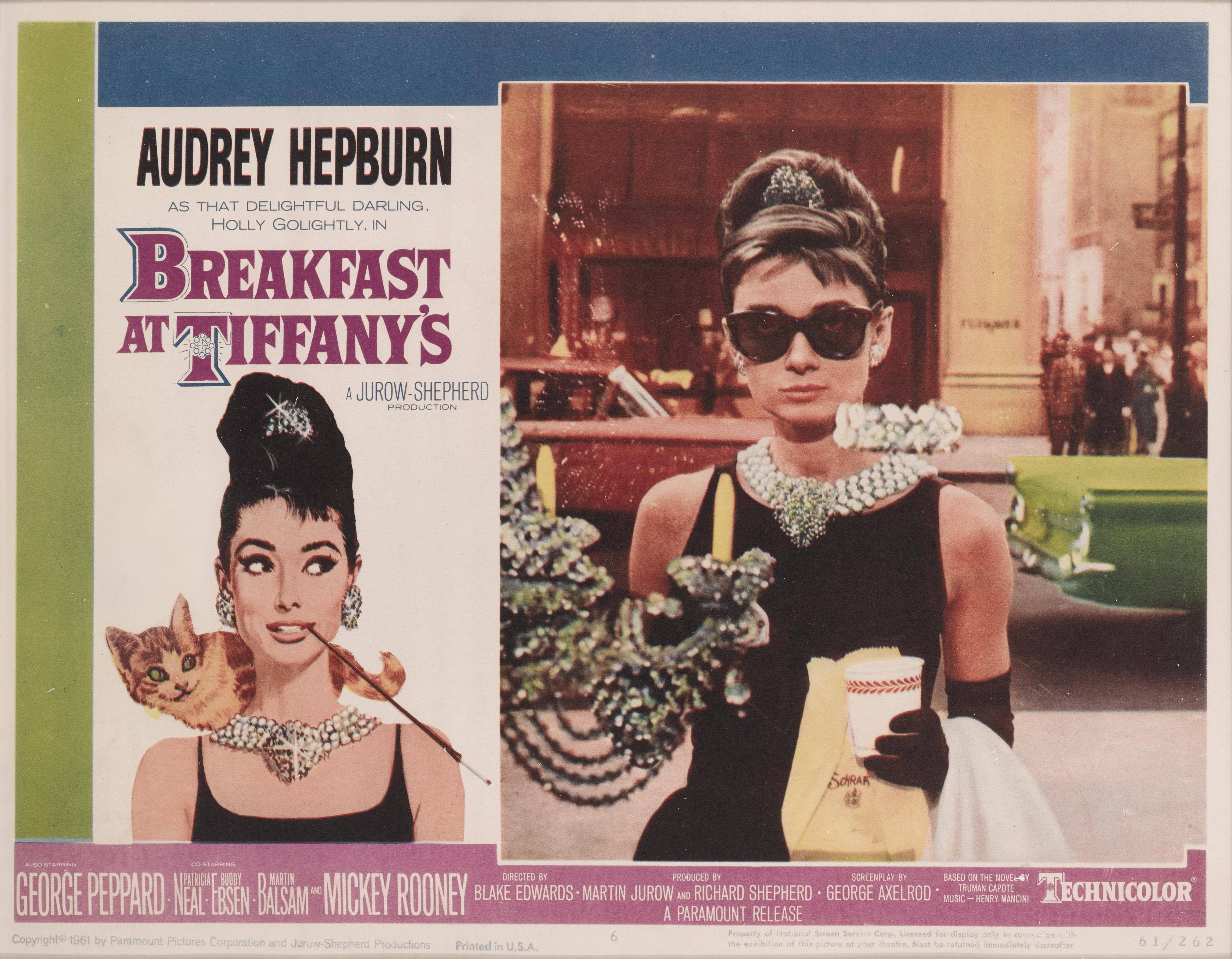 Original US Lobby card number 6 designed for the legendary 1961 Audrey Hepburn Comedy, Romance. This is the best card from the set of 8 lobby cards.
This film was directed by Blake Edwards, and stars Audrey Hepburn and George Peppard. This is