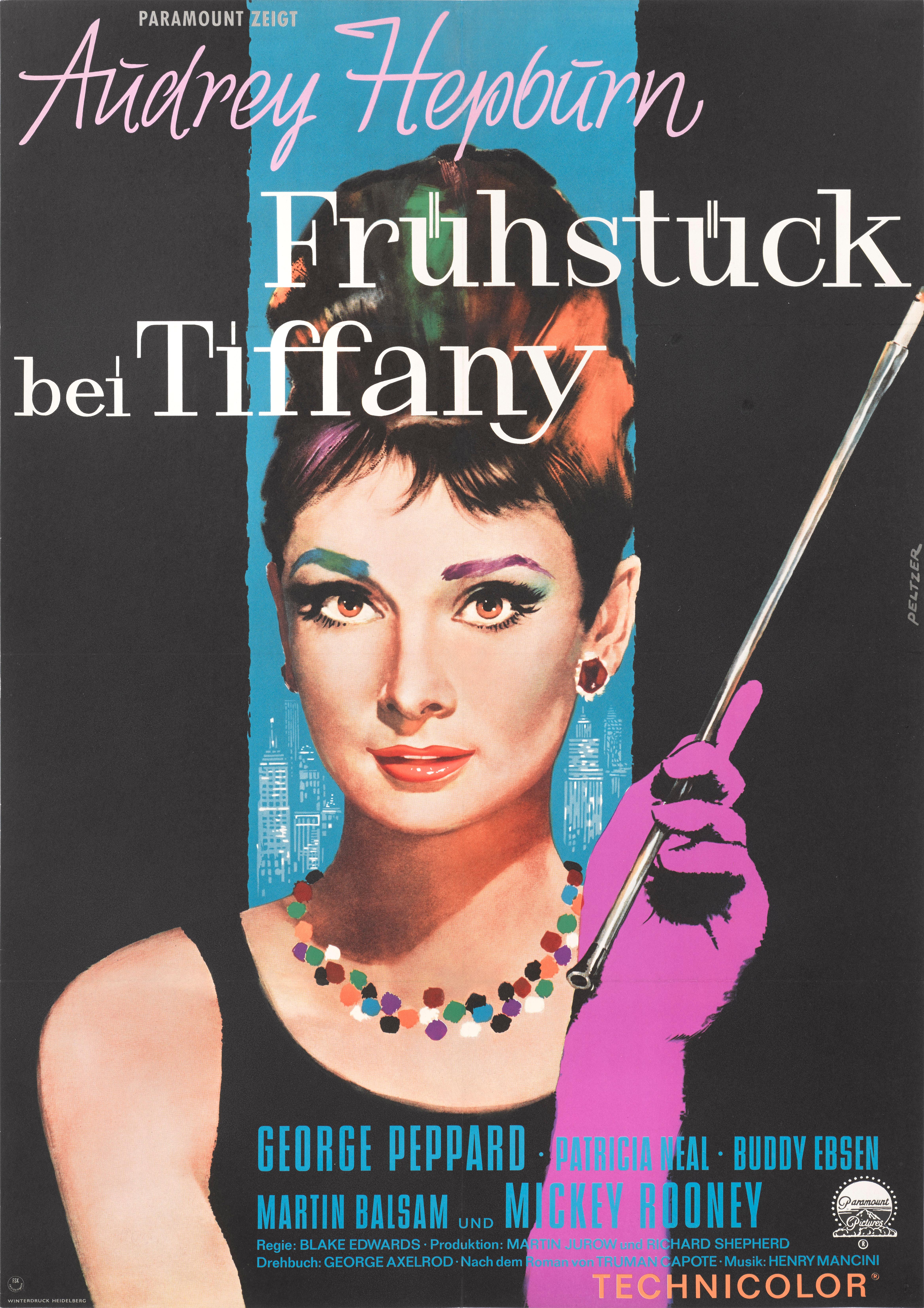 Original German film poster for Audrey Hepburn's most famous film Breakfast at Tiffany's 1961.
The artwork is by Lutz Peltzer (1925-2013) and is is unique to this German release poster. 
It was created for the films first German release in 1962.