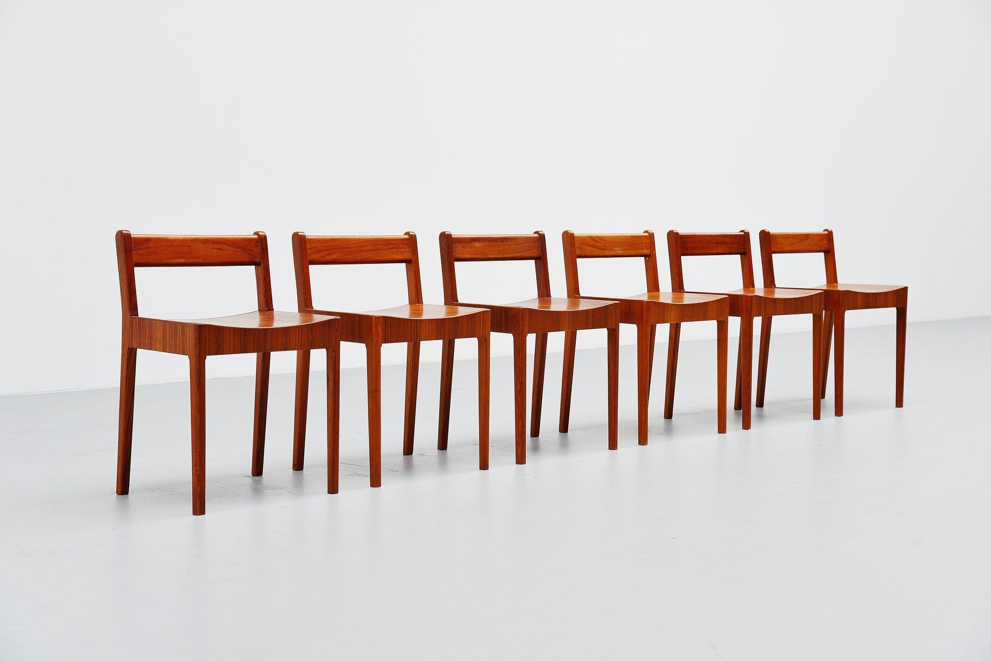 Very nice an unusual small set of breakfast chairs/stools manufactured by Plyfa, unknown designer Denmark 1960. These chairs are made of teak plywood and are fantastically made or finished. To me they are designed in the style of Jens Quistgaard, or