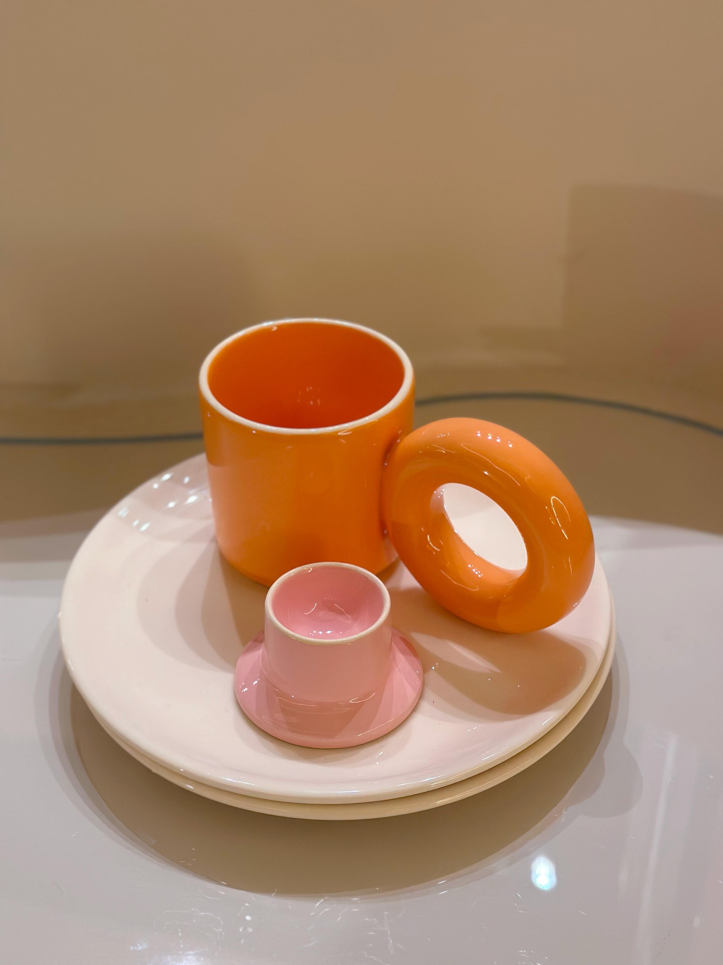 Perfect breakfast set; Ecru plate, Orange UCHO mug and Candy pink egg holder JULA by Malwina Konopacka. 