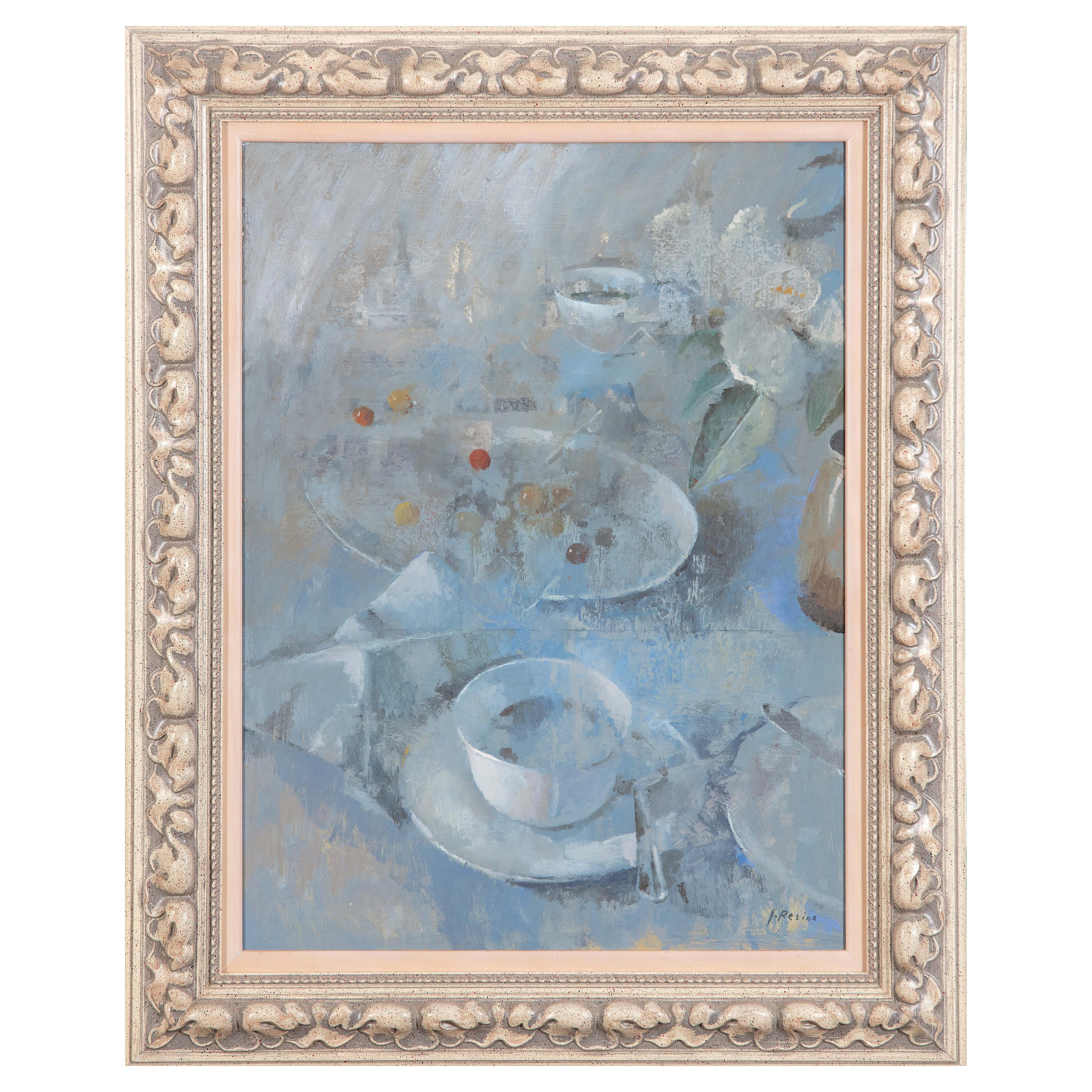 Breakfast Table in Blues, oil on canvas, realistic, José Luis Resino, late 20th For Sale