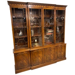 Used Breakfront Bookcase Georgian Style Mahogany, Made in England 4 Glazed Doors