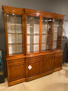 Breakfront Display Bookcase, Yew Wood, Georgian Styling, English, Bevel Glass