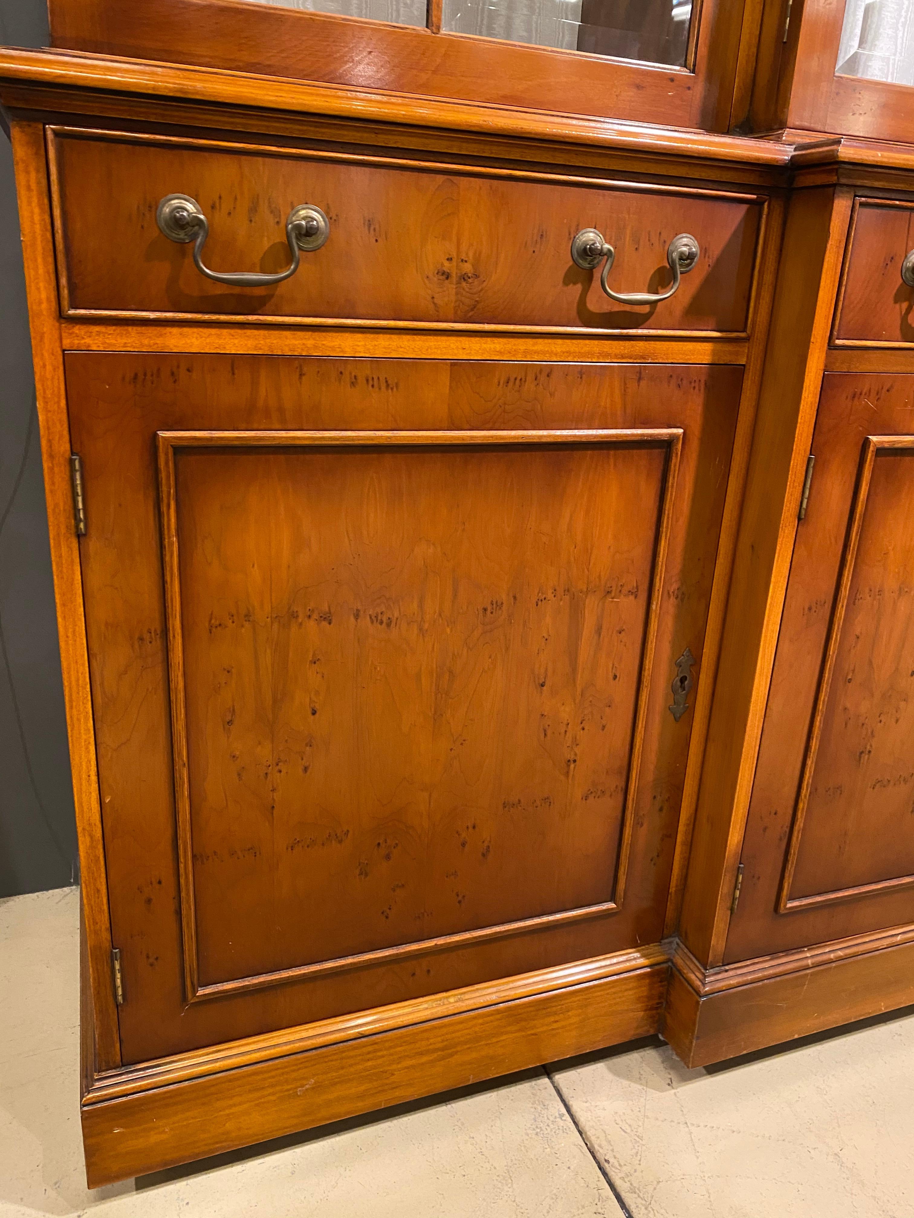 Breakfront Display Bookcase, Yew Wood, Georgian Styling, English, Bevel Glass 3