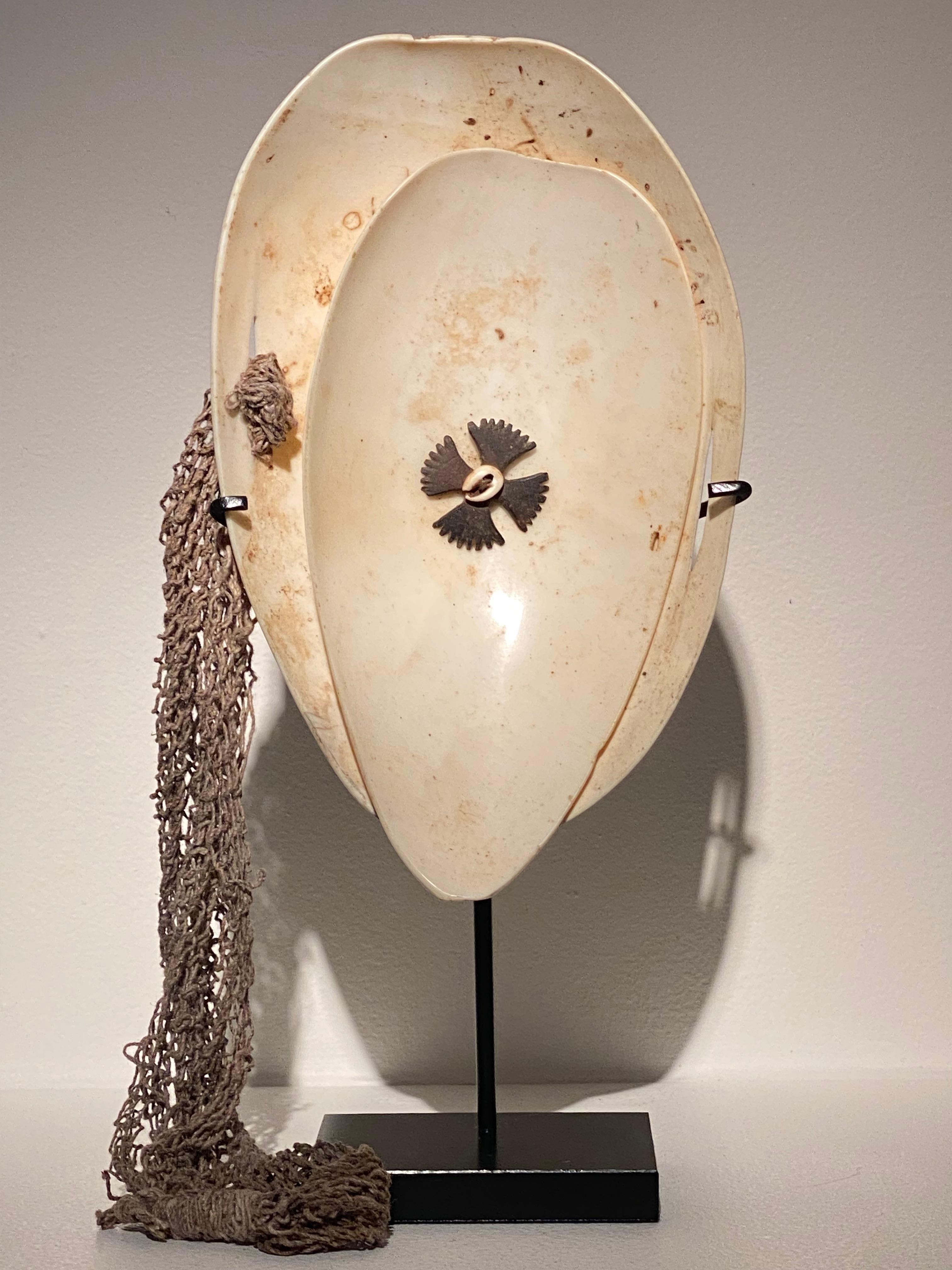 Exceptionnel objet tribal de Papouasie-Nouvelle-Guinée,
gravée à la main vers 1960,
fabriqués en coquillage et décorés de coquillages et de noix de coco, ainsi que de textiles tissés,
cet objet est spécial car il est fait d'une double composition