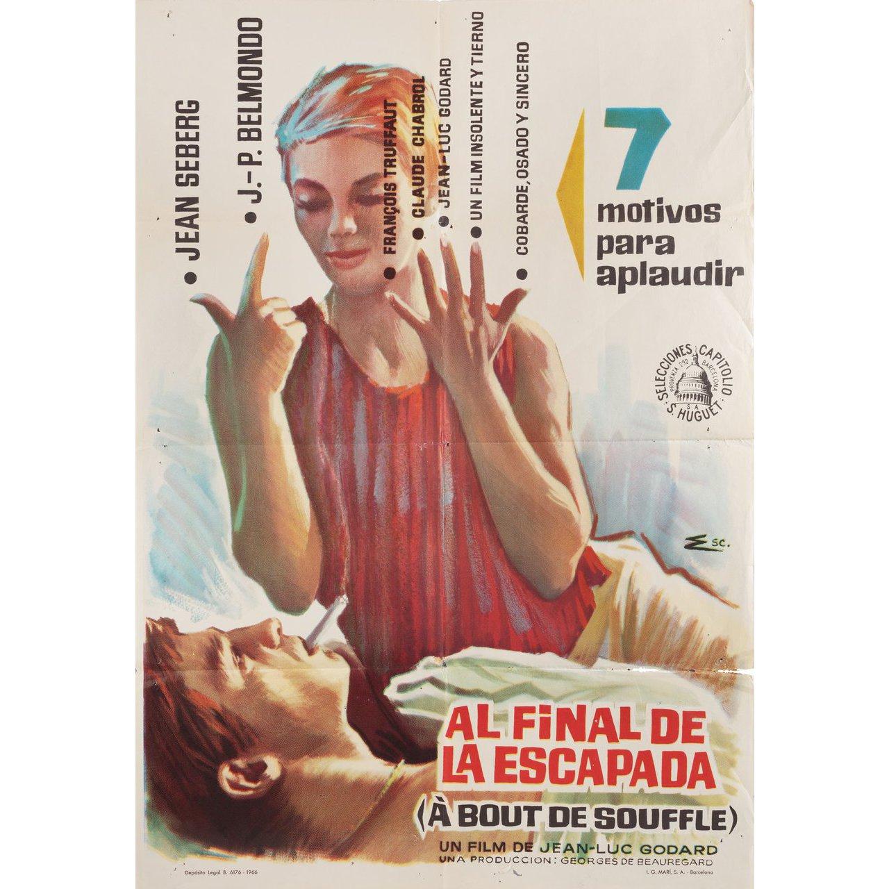 Original 1966 Spanish B1 poster by Carlos Escobar for the first Spanish theatrical release of the 1960 film Breathless (A bout de souffle) directed by Jean-Luc Godard with Jean Seberg / Jean-Paul Belmondo / Daniel Boulanger / Henri-Jacques Huet.