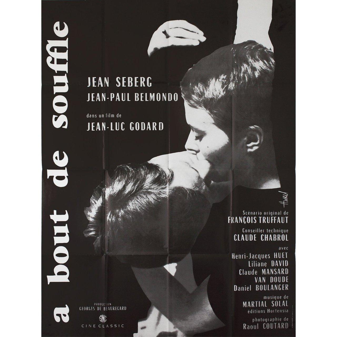 Original 1980s re-release French grande poster for the 1960 film Breathless (A bout de souffle) directed by Jean-Luc Godard with Jean Seberg / Jean-Paul Belmondo / Daniel Boulanger / Henri-Jacques Huet. Very Good-Fine condition, folded. Many