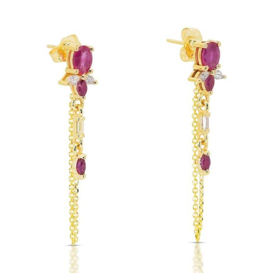 Marquise Cut Breathtaking 14K Yellow Gold Earrings with 1.38 Carat Ruby and Diamond For Sale