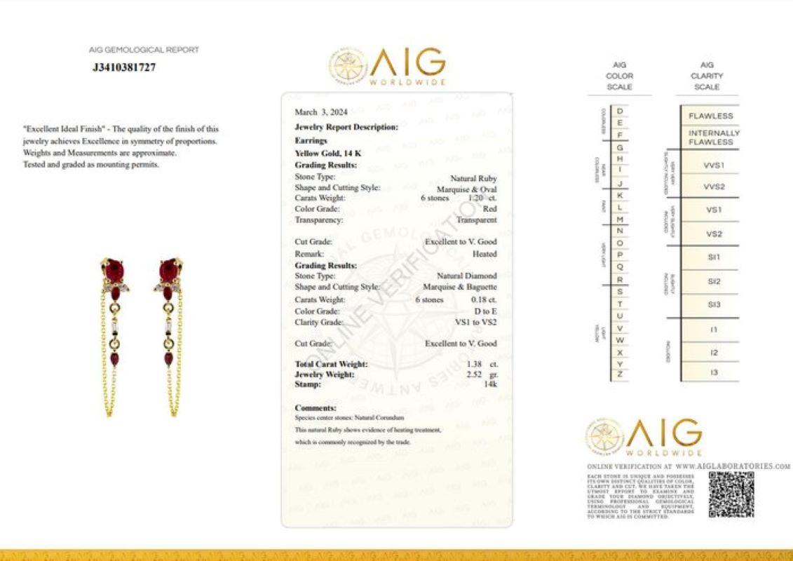 Women's Breathtaking 14K Yellow Gold Earrings with 1.38 Carat Ruby and Diamond For Sale