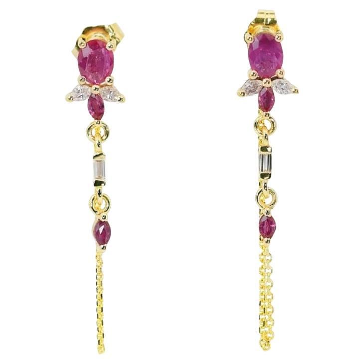 Breathtaking 14K Yellow Gold Earrings with 1.38 Carat Ruby and Diamond For Sale