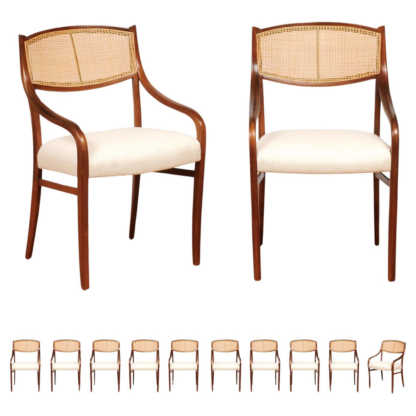 Breathtaking ALL ARMS Set of 12 Walnut Cane Dining Chairs by Barney Flagg