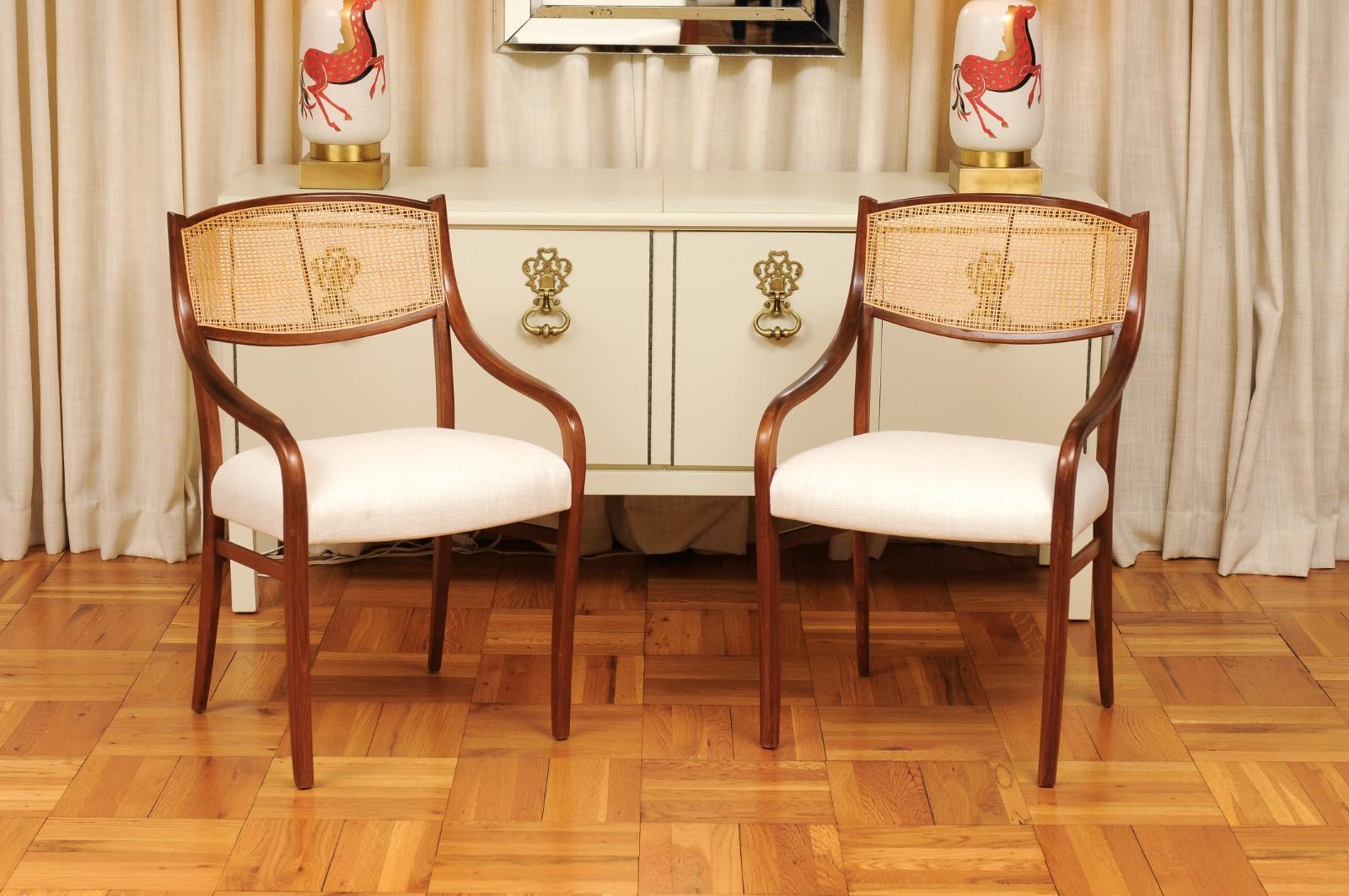 Breathtaking ALL ARMS Set of 8 Walnut Cane Dining Chairs by Barney Flagg, c 1960 For Sale 4