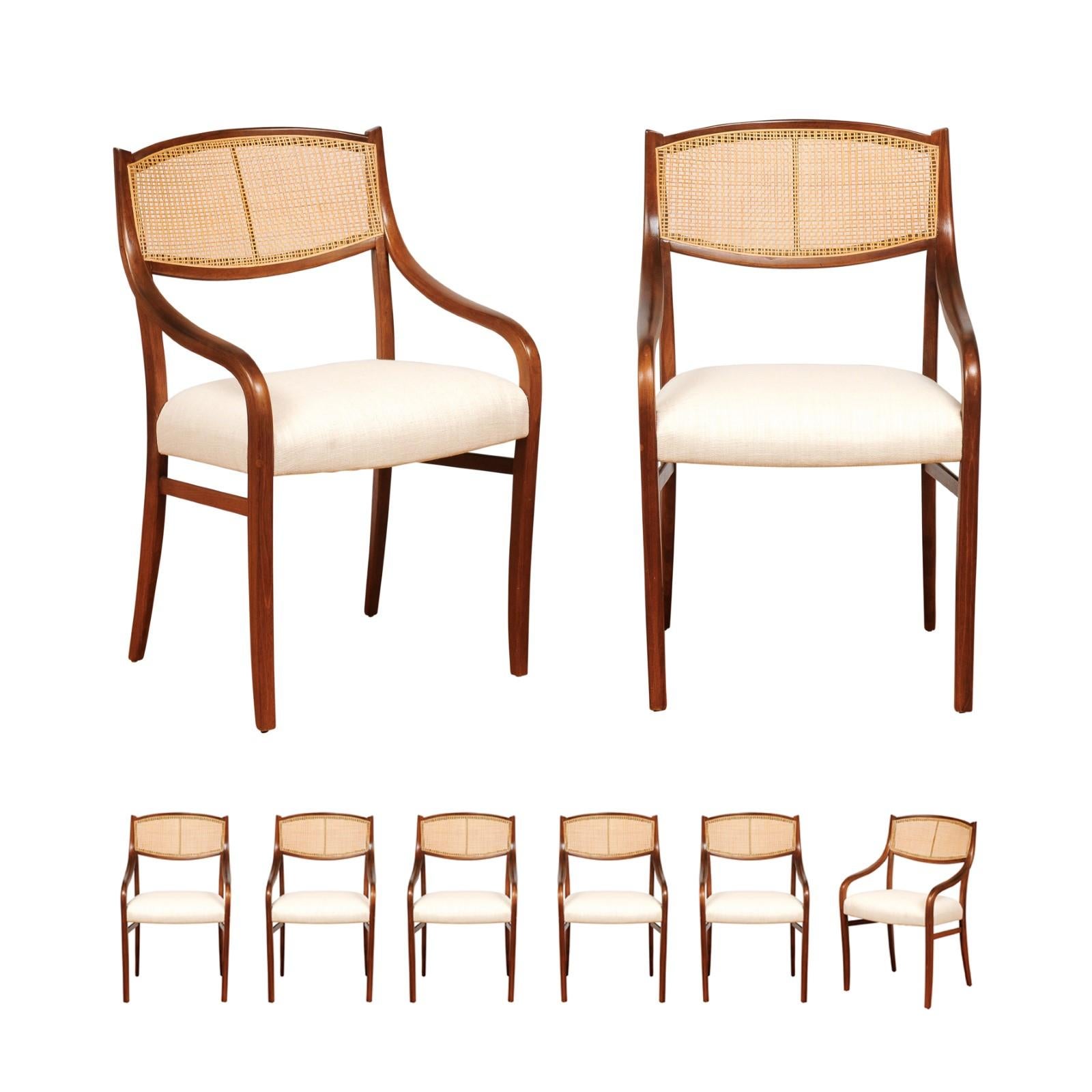 Breathtaking ALL ARMS Set of 8 Walnut Cane Dining Chairs by Barney Flagg, c 1960 For Sale 6