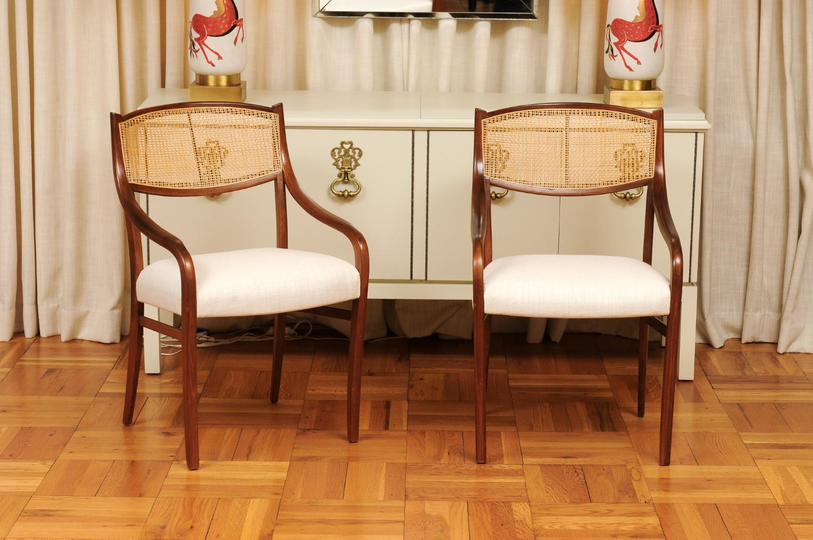 Breathtaking ALL ARMS Set of 8 Walnut Cane Dining Chairs by Barney Flagg, c 1960 For Sale 7