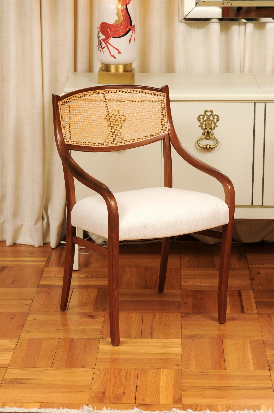 Breathtaking ALL ARMS Set of 8 Walnut Cane Dining Chairs by Barney Flagg, c 1960 For Sale 8
