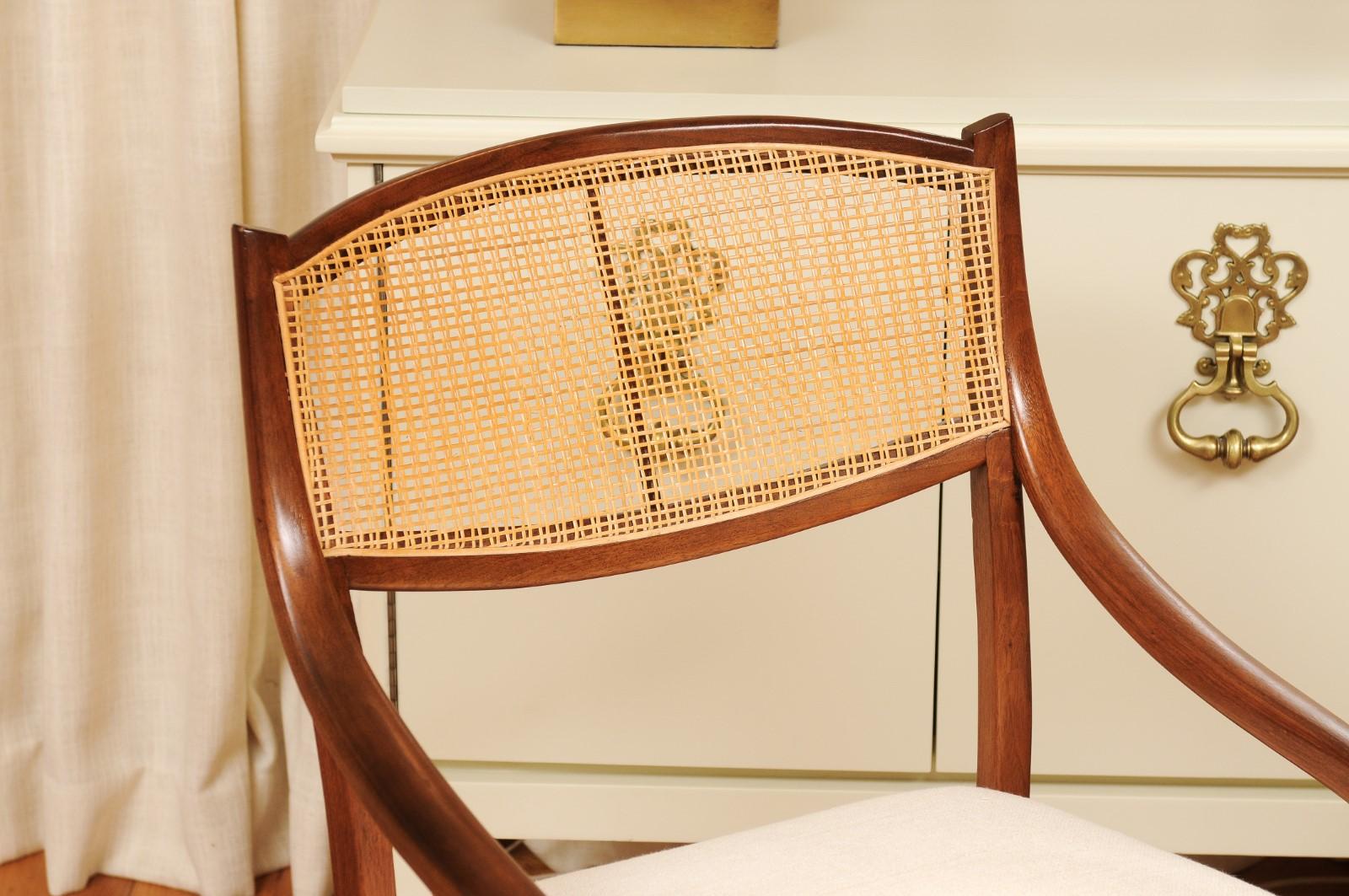 Breathtaking ALL ARMS Set of 8 Walnut Cane Dining Chairs by Barney Flagg, c 1960 For Sale 11
