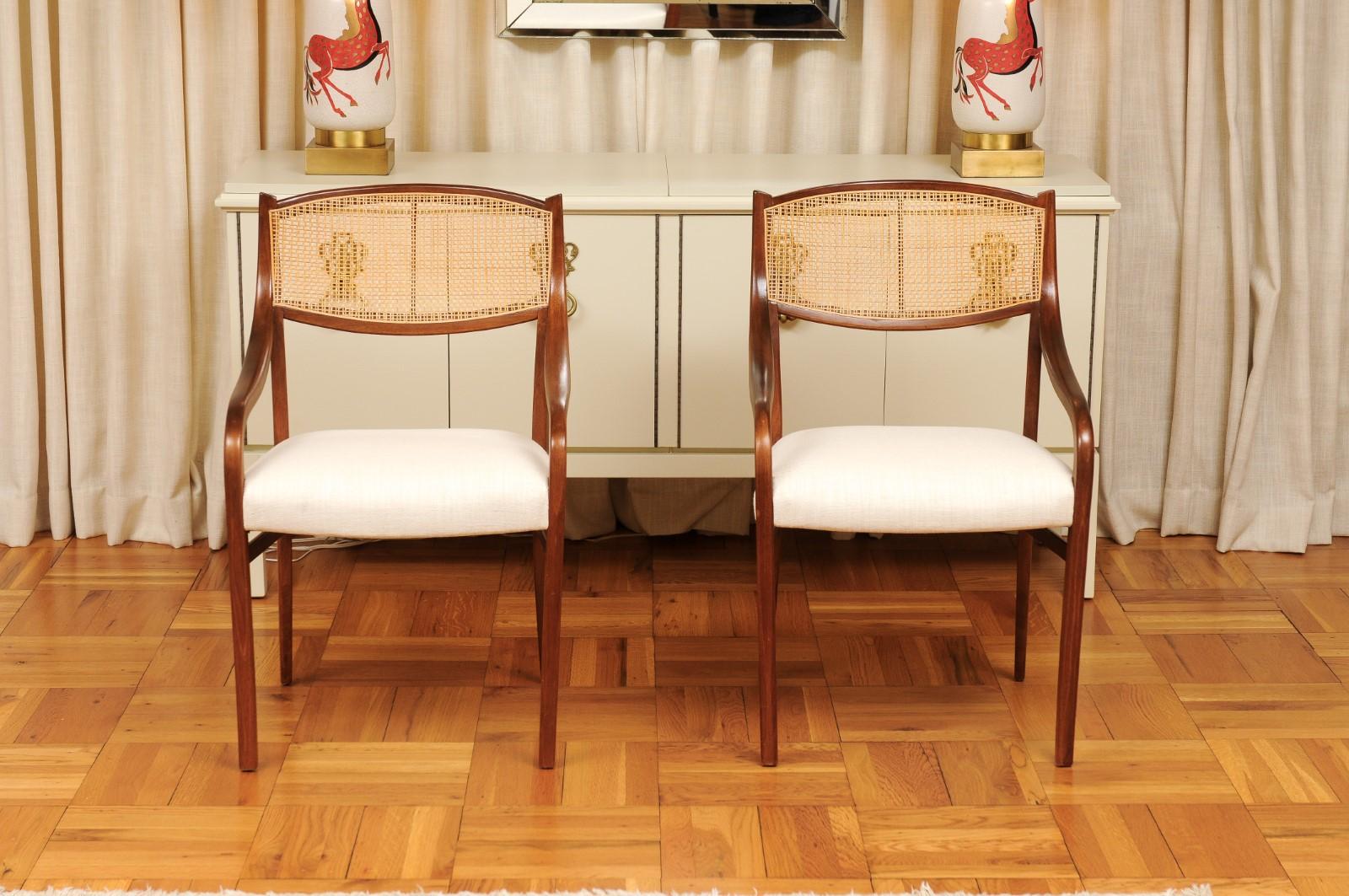 Breathtaking ALL ARMS Set of 8 Walnut Cane Dining Chairs by Barney Flagg, c 1960 For Sale 13