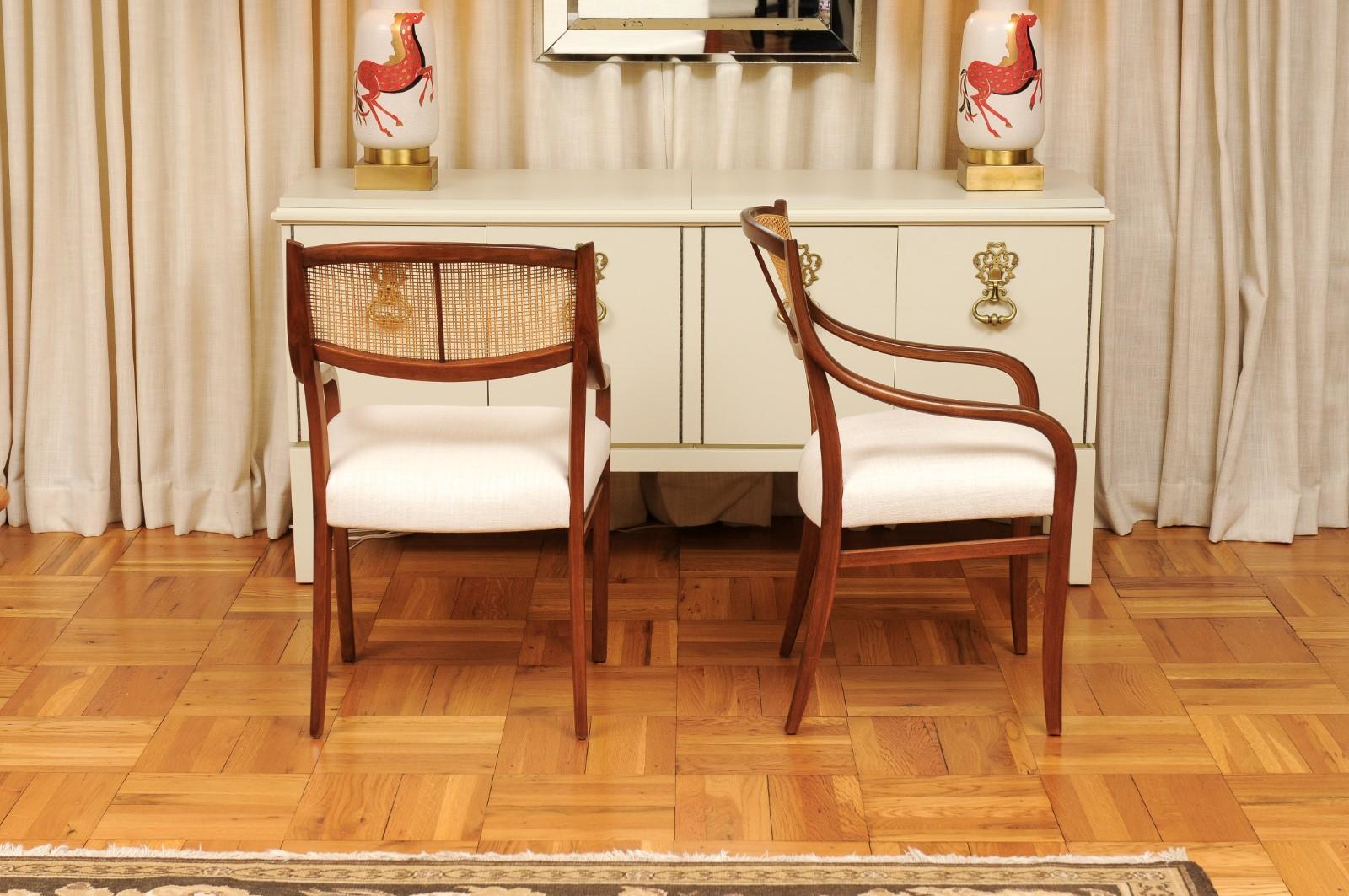 Breathtaking ALL ARMS Set of 8 Walnut Cane Dining Chairs by Barney Flagg, c 1960 In Excellent Condition For Sale In Atlanta, GA